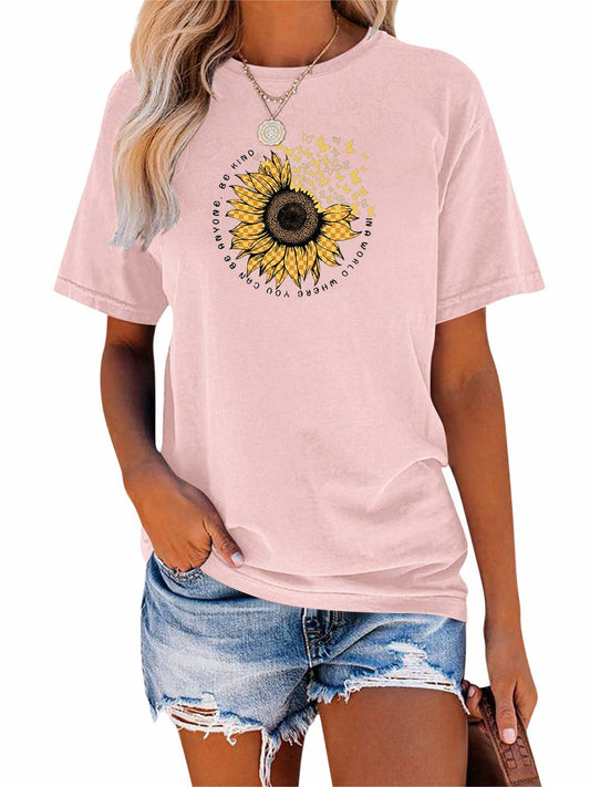 EADINVE Women's Short Sleeve Sunflower Graphic Cotton Tee Size M Pink