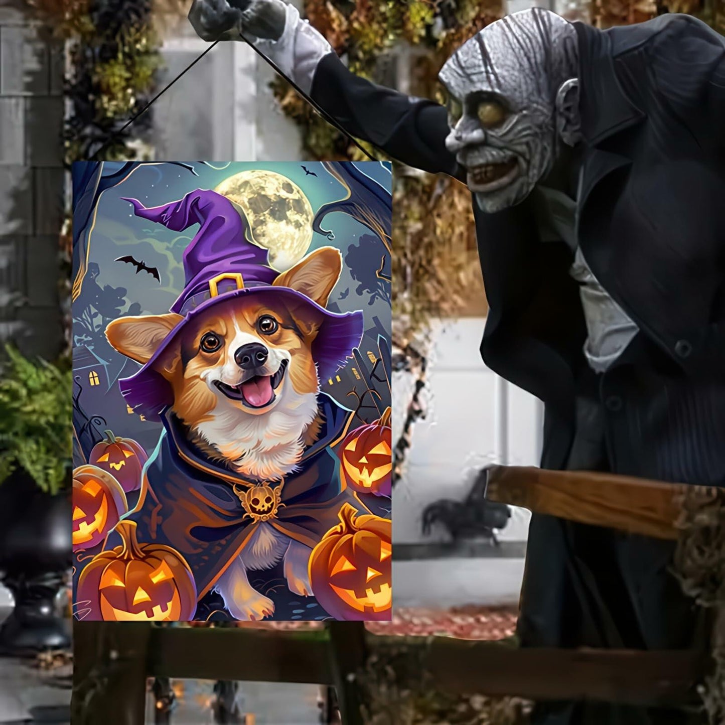Happy Halloween Garden Flag Witch Hat Corgi Polyester 12x18 Inch Double Sided