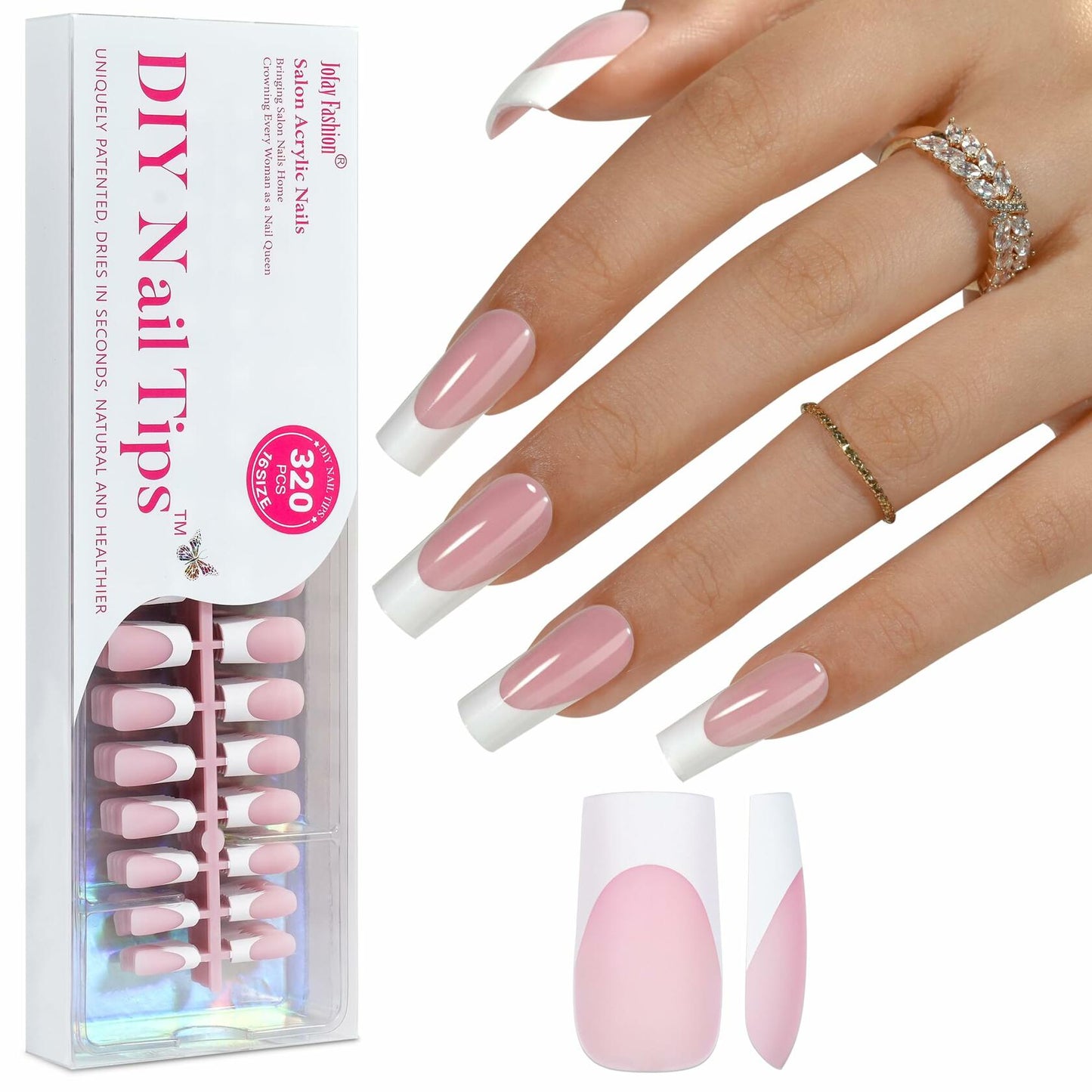 Jofay Fashion Press On Nails 320Pcs Pink Long Square White French Tip 16 Sizes