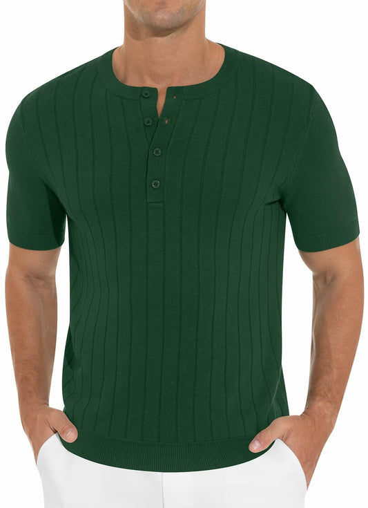 NITAGUT Mens Slim Fit Henley Shirt Short Sleeve Button Dark Green Size L