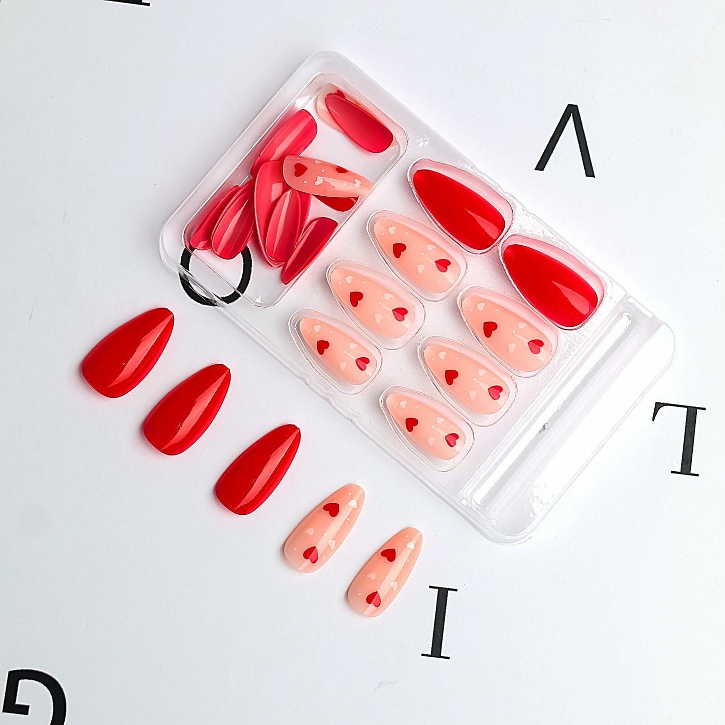 Valentine's Day Short Almond Fake Nails Red Heart White Dots 24Pcs