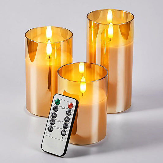 Brightown Glass Flameless LED Pillar Candles Set of 3 Real Wax Gold Remote Timer