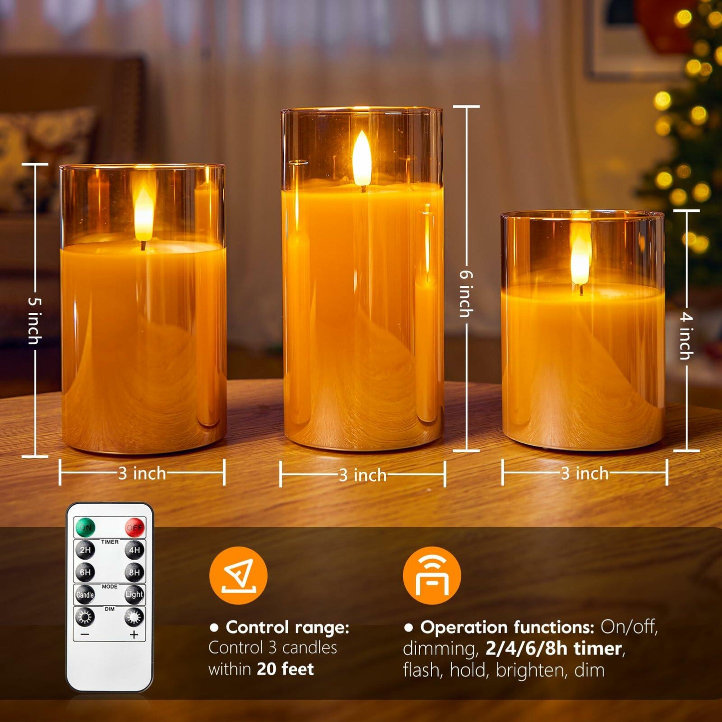 Brightown Flameless LED Pillar Candles Set of 3 Gold Real Wax Remote Timer