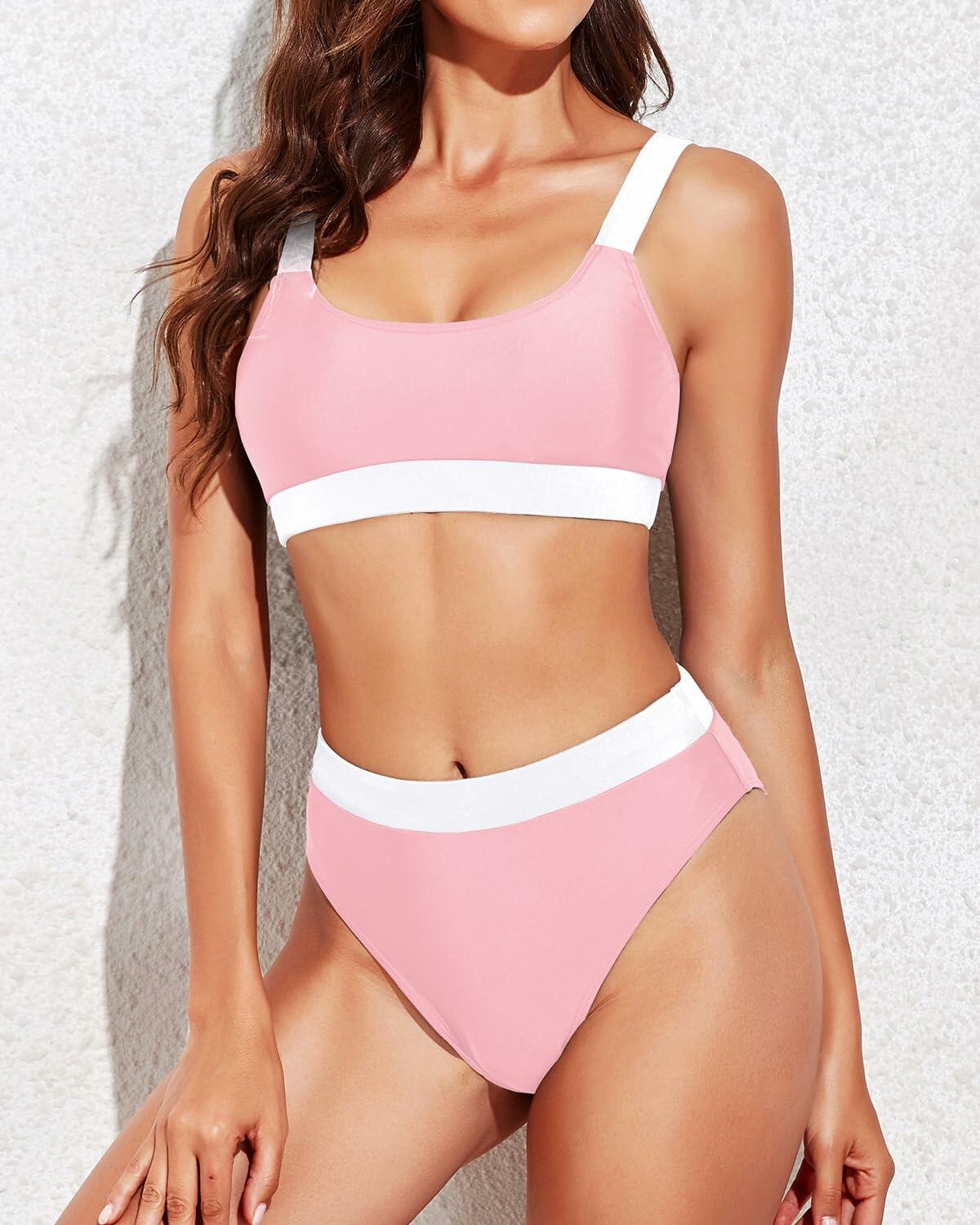 Tempt Me Women Pink White Two Piece High Waisted Bikini Swimsuit XL
