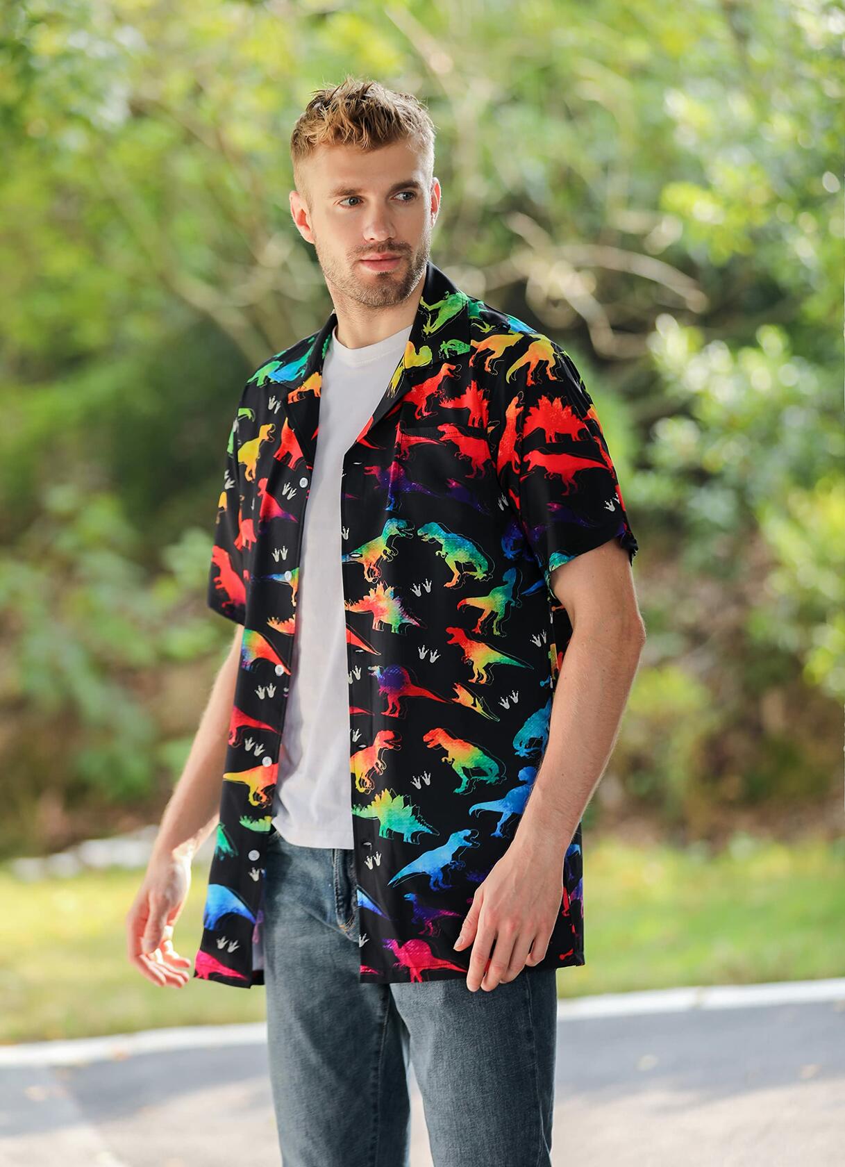 GADZILLE Mens Dinosaur Tie Dye Button Down Shirt Rainbow Size XXL