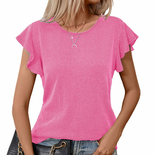 levaca Womens Ribbed Ruffle Short Sleeve Top Blue Size L