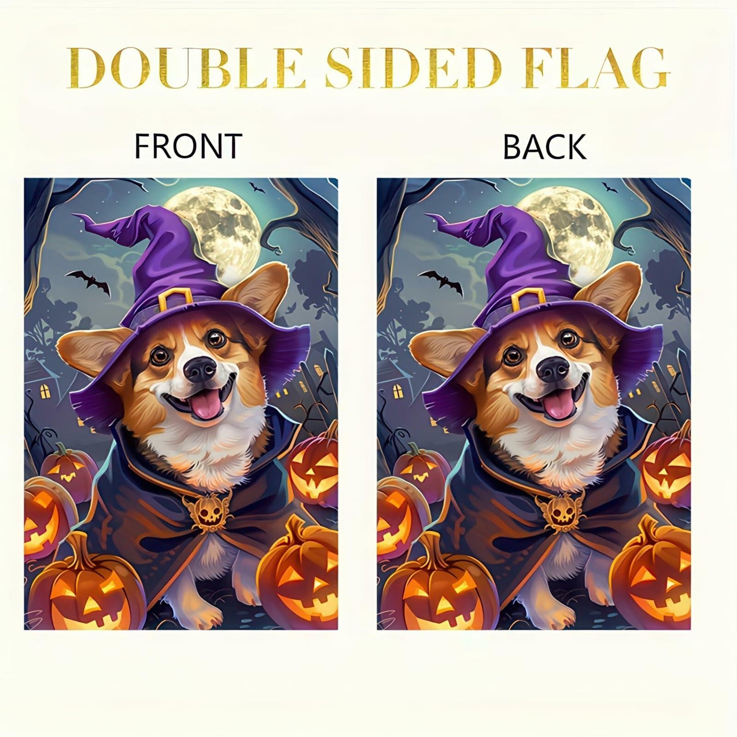 Happy Halloween Garden Flag Witch Hat Corgi Polyester 12x18 Inch Double Sided