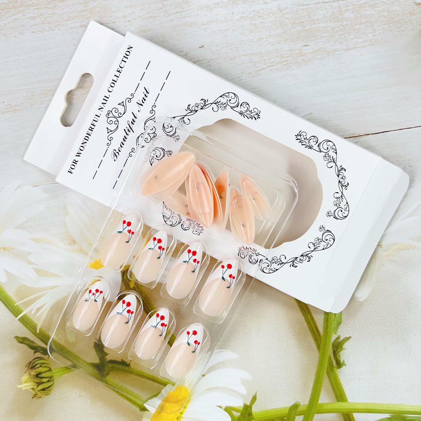 24 Pcs Light Green Press On Nails Short Square Flower Designs Acrylic