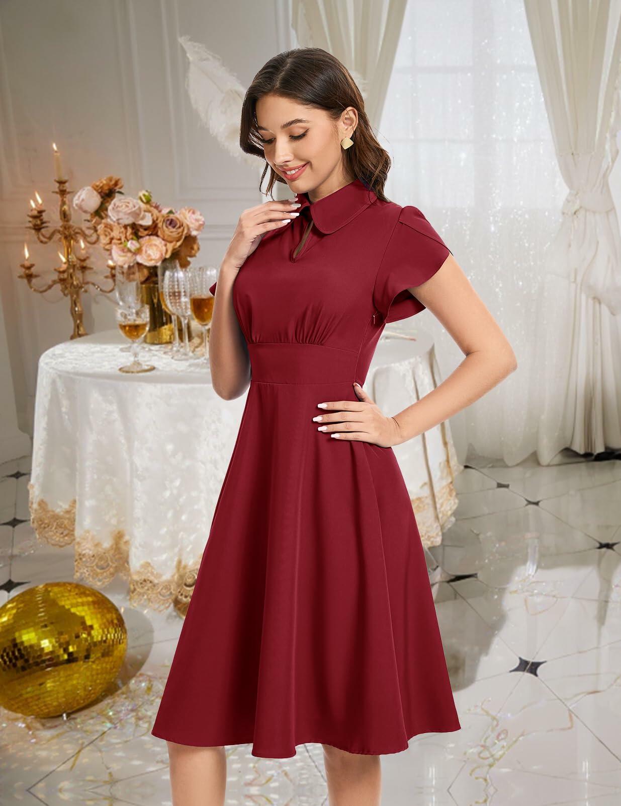 Bbonlinedress Retro Short Sleeve Collared Swing Dress Burgundy Size M