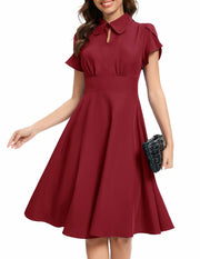 Bbonlinedress Retro Short Sleeve Collared Swing Dress Burgundy Size M