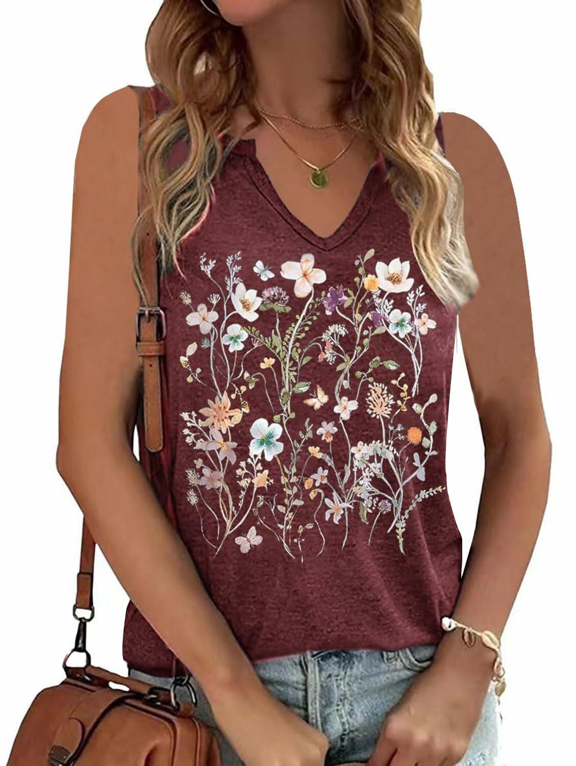 YIUIERE Womens Floral V Neck Tank Top Maroon Size S
