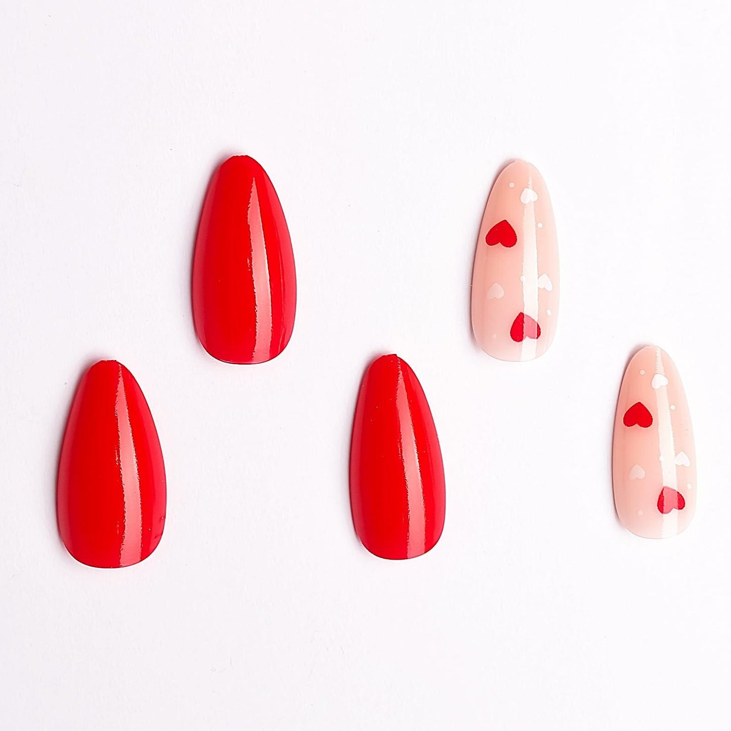 Valentine's Day Short Almond Fake Nails Red Heart White Dots 24Pcs