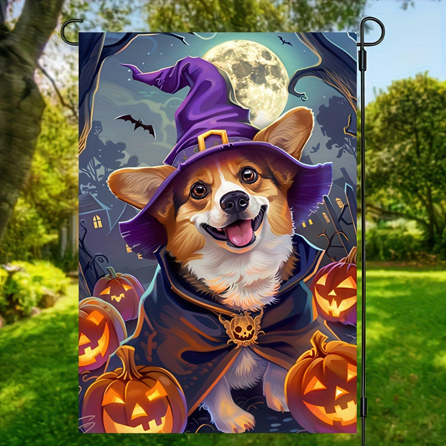 Happy Halloween Garden Flag Witch Hat Corgi Polyester 12x18 Inch Double Sided