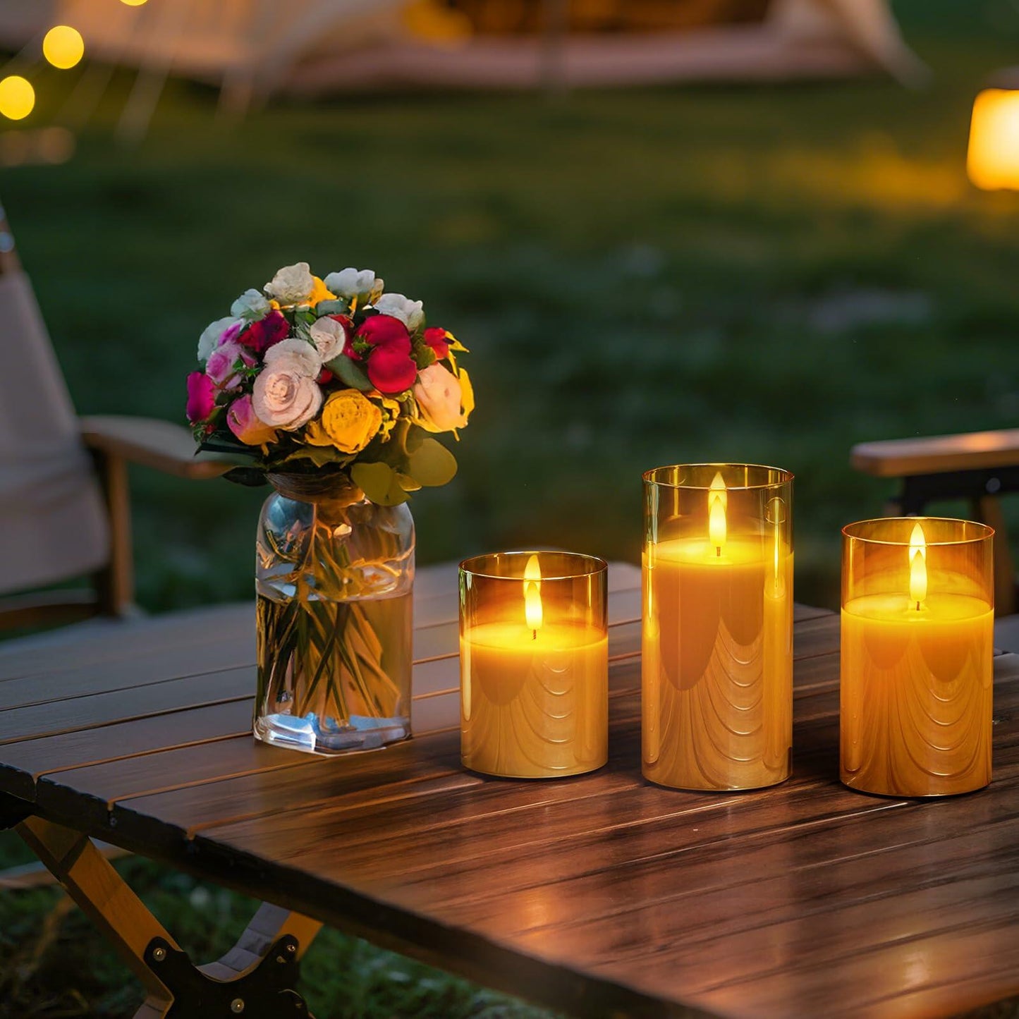 Brightown Flameless LED Pillar Candles Set of 3 Gold Real Wax Remote Timer