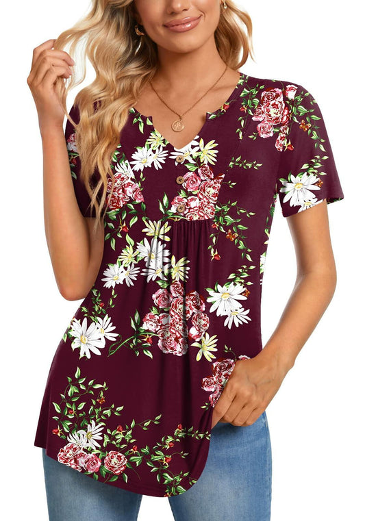 CATHY Womens Henley Tunic Top V Neck Button Wine Red Size XL