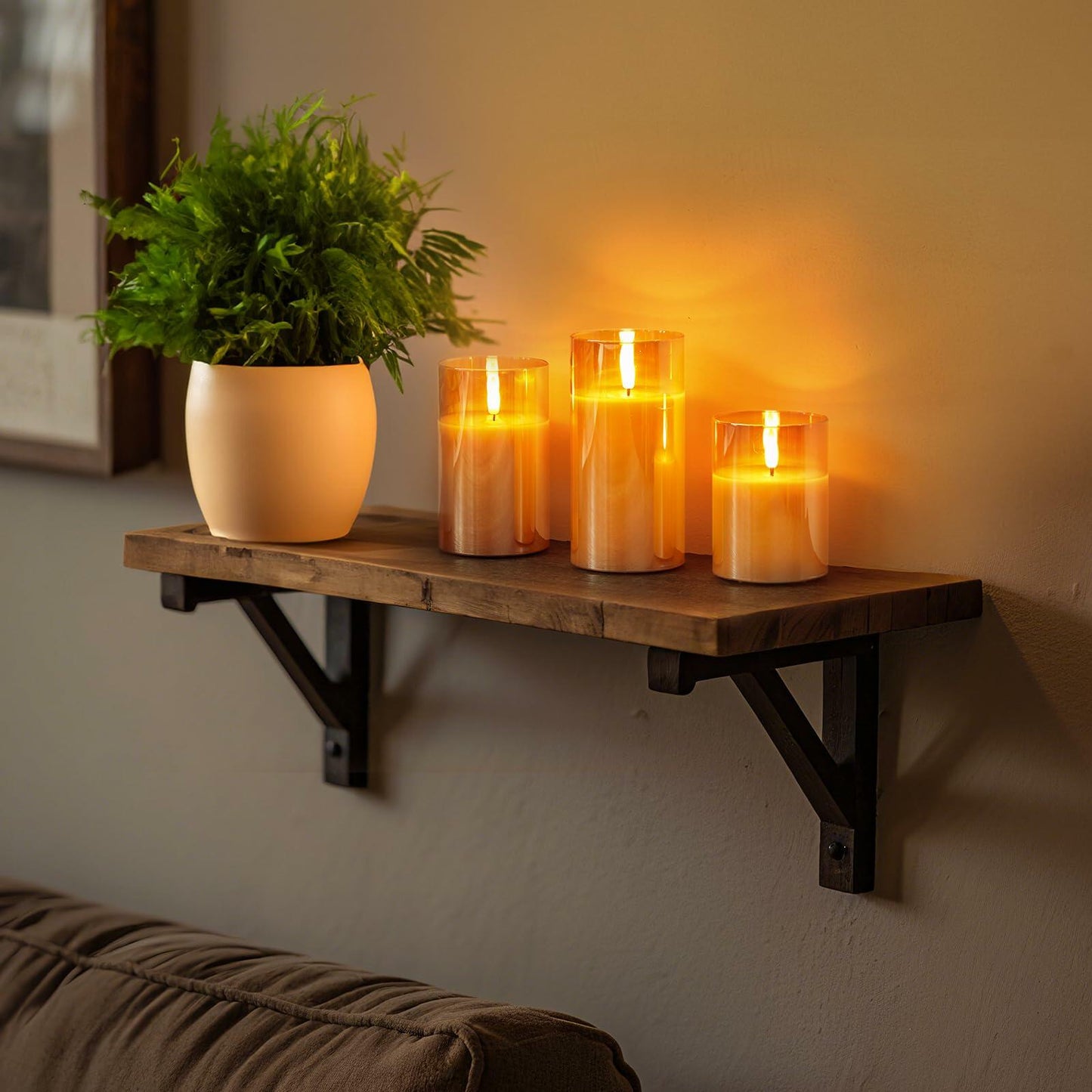 Brightown Flameless LED Pillar Candles Set of 3 Gold Real Wax Remote Timer