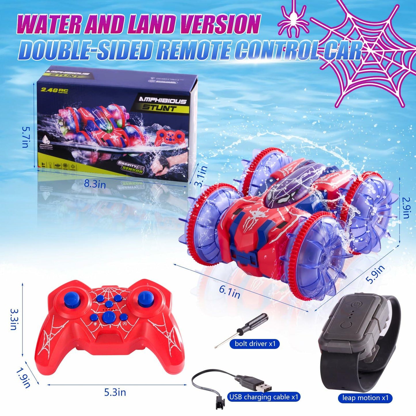 Spider Waterproof 2.4Ghz 4WD Remote Control Stunt Car with LED Lights Blue