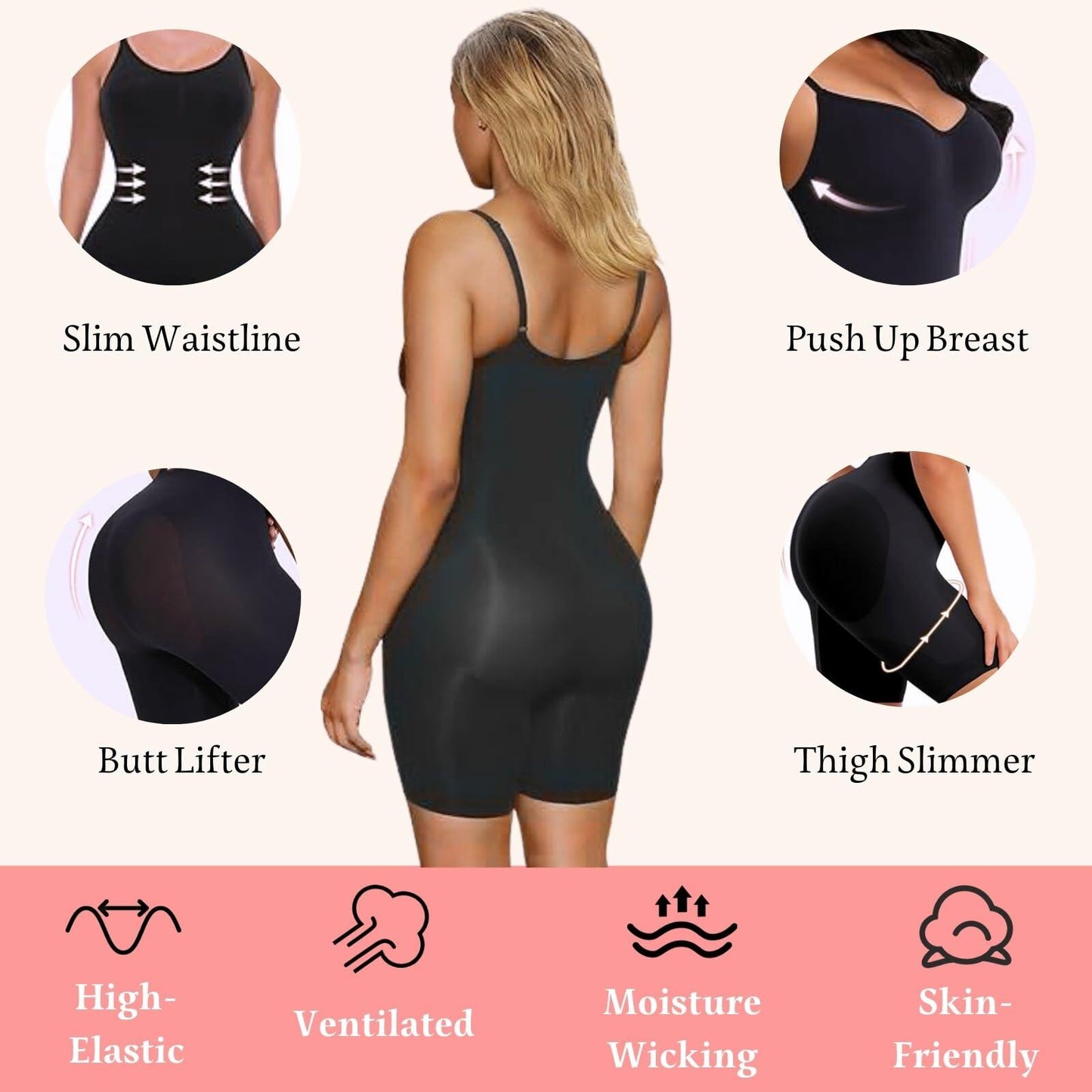 Reatowrol Seamless Tummy Control Bodysuit Body Shaper Black Size S