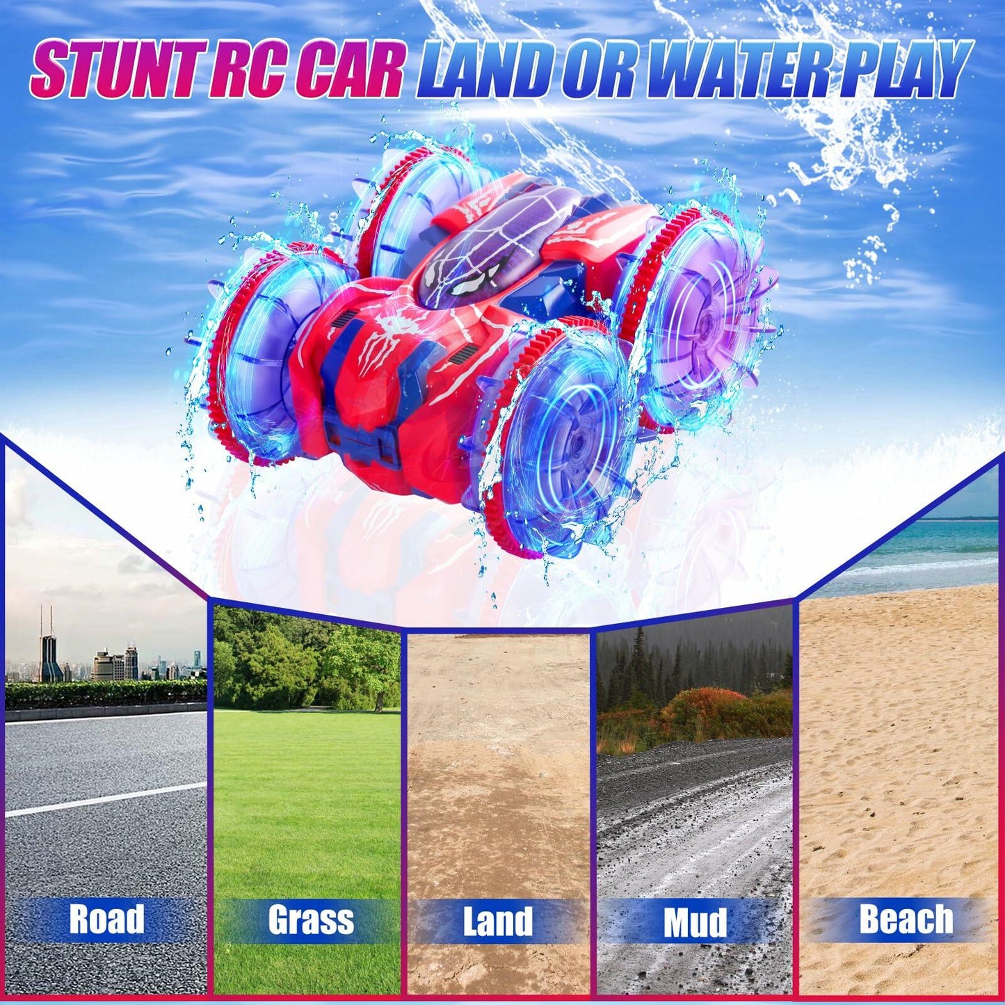 Spider Waterproof 2.4Ghz 4WD Remote Control Stunt Car with LED Lights Blue