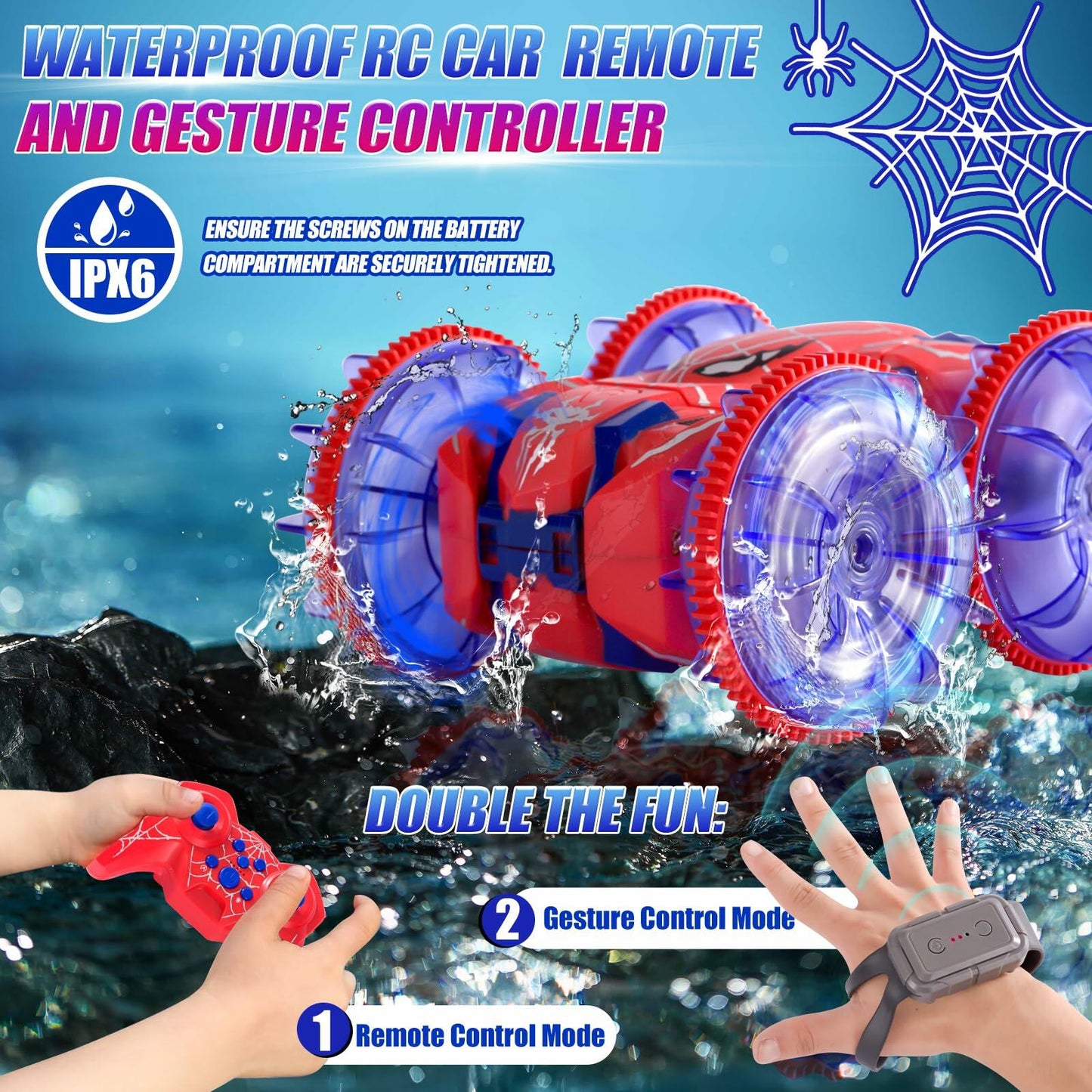 Spider Waterproof 2.4Ghz 4WD Remote Control Stunt Car with LED Lights Blue