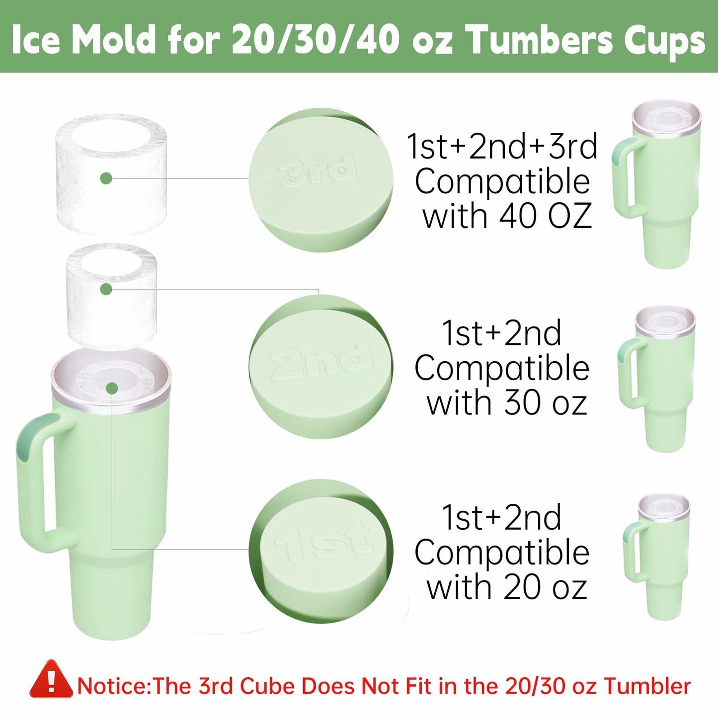 DOKKOM Ice Mold for Stanley Cup 20/30/40oz Tumbler Silicone Green 3-in-1