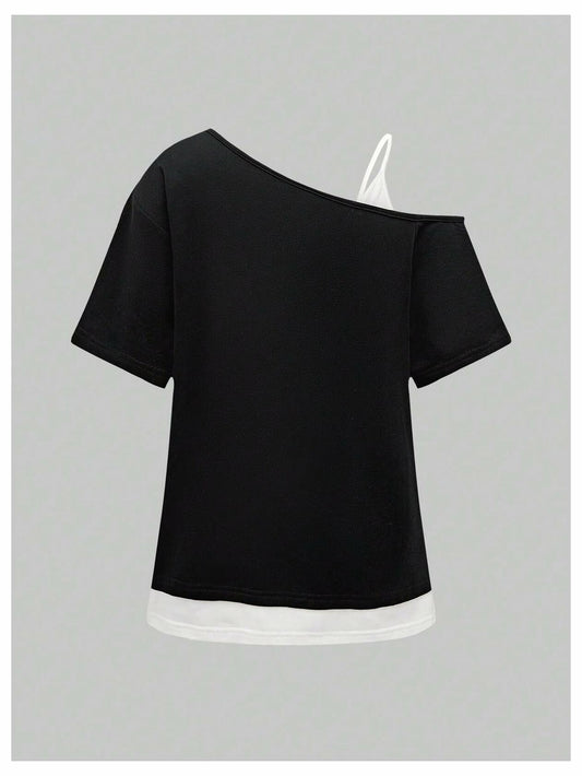 Verdusa Women's Y2k Grunge Goth One Shoulder Color Black Tee Black Size M