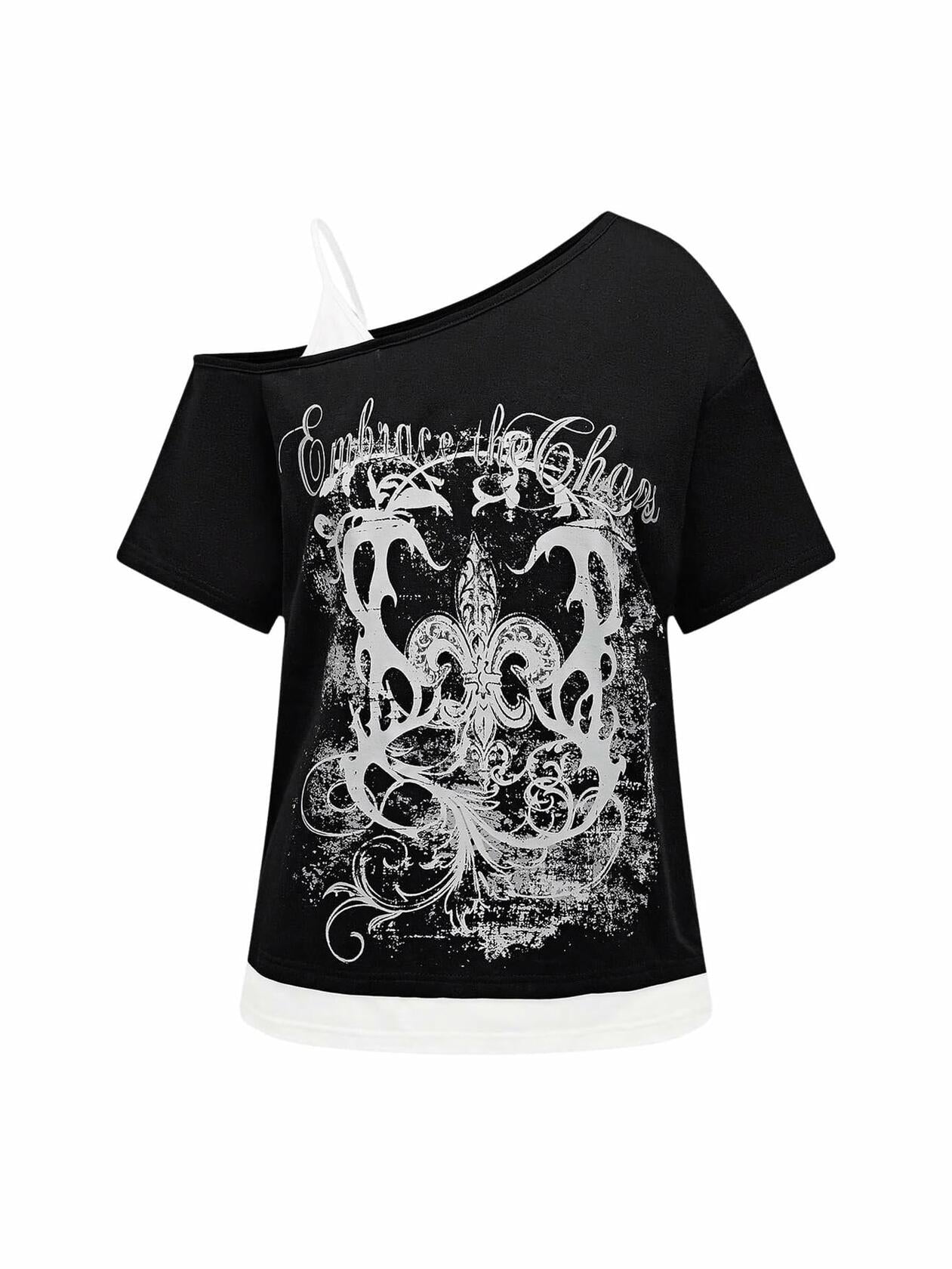 Verdusa Women's Y2k Grunge Goth One Shoulder Color Black Tee Black Size M