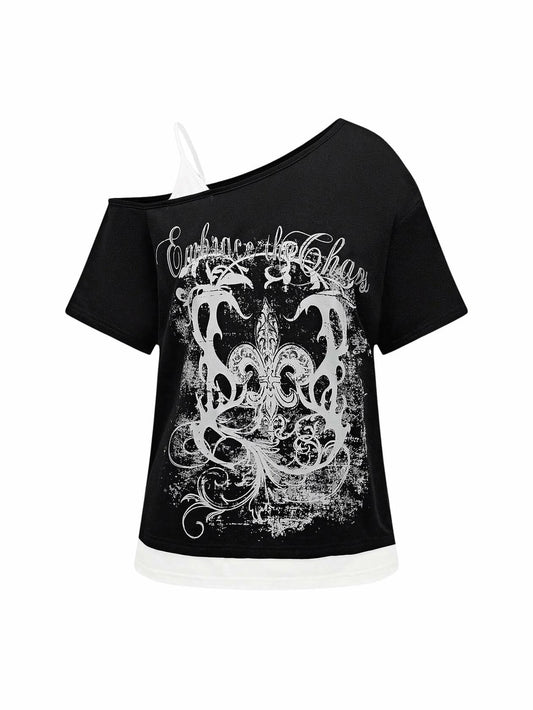 Verdusa Women's Y2k Grunge Goth One Shoulder Color Black Tee Black Size M