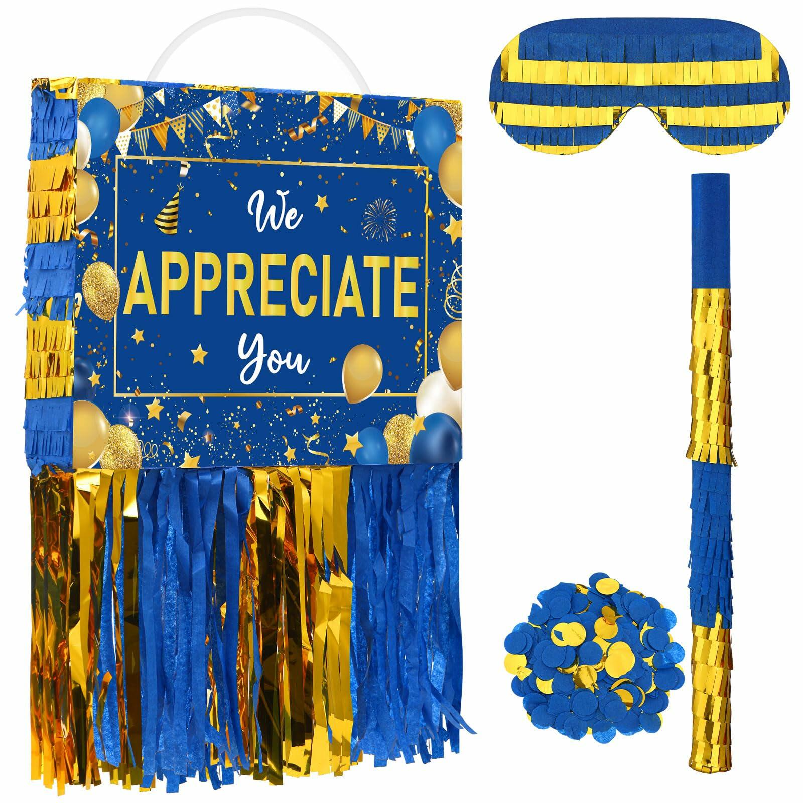 Poen We Appreciate You Piñata with Stick Blindfold Blue Gold Confetti 16x12
