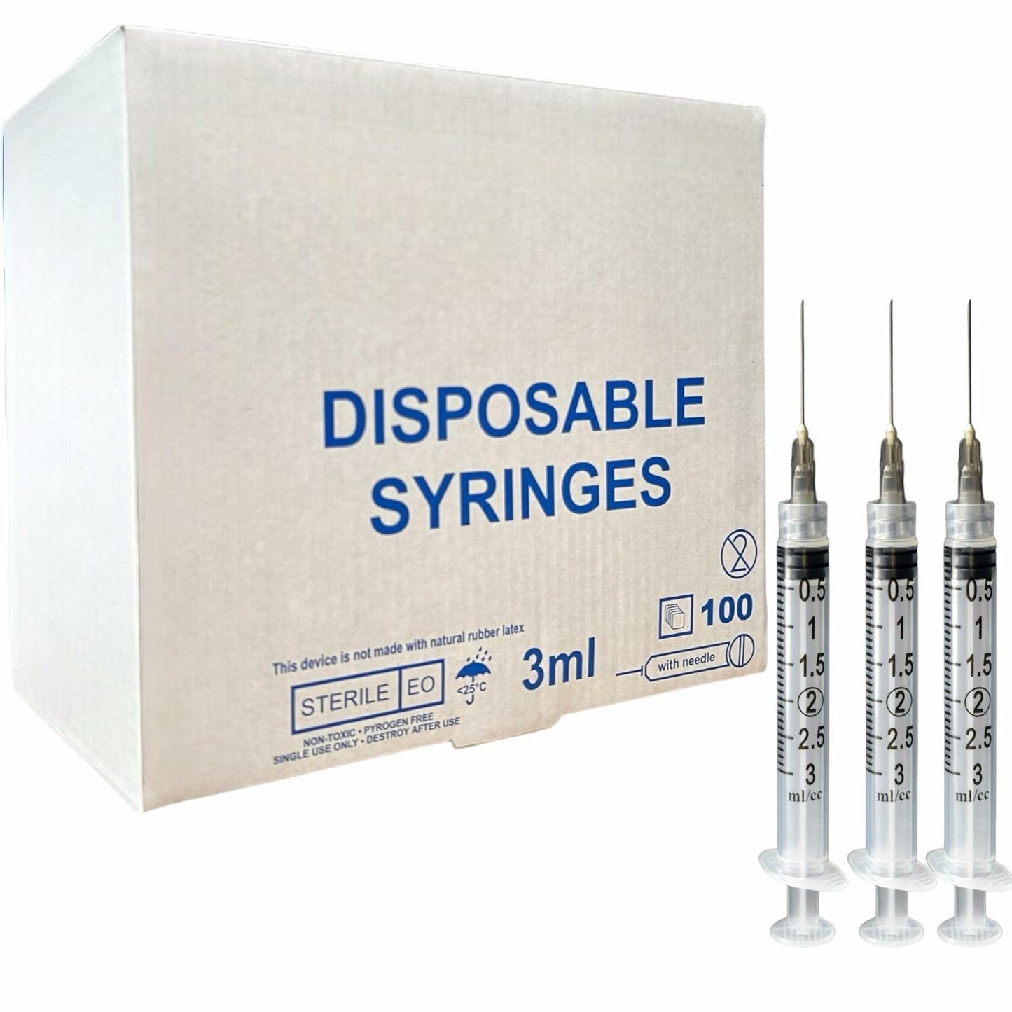 BB06/25 Generic 3ml 22G 1" Luer Lock Disposable Syringes 100 Count