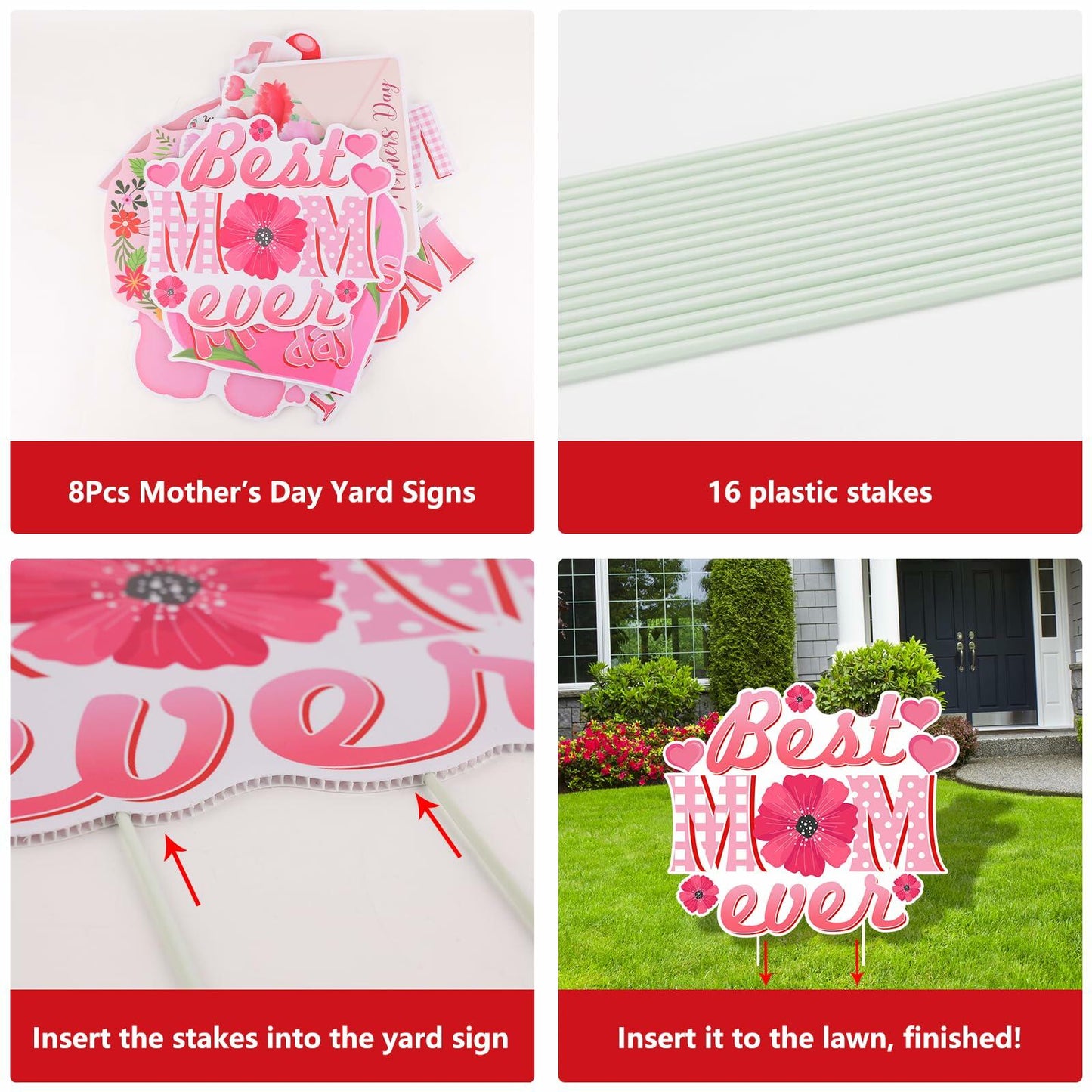 Arosche Mothers Day Yard Signs 8pcs with Stakes Outdoor Party Decorations