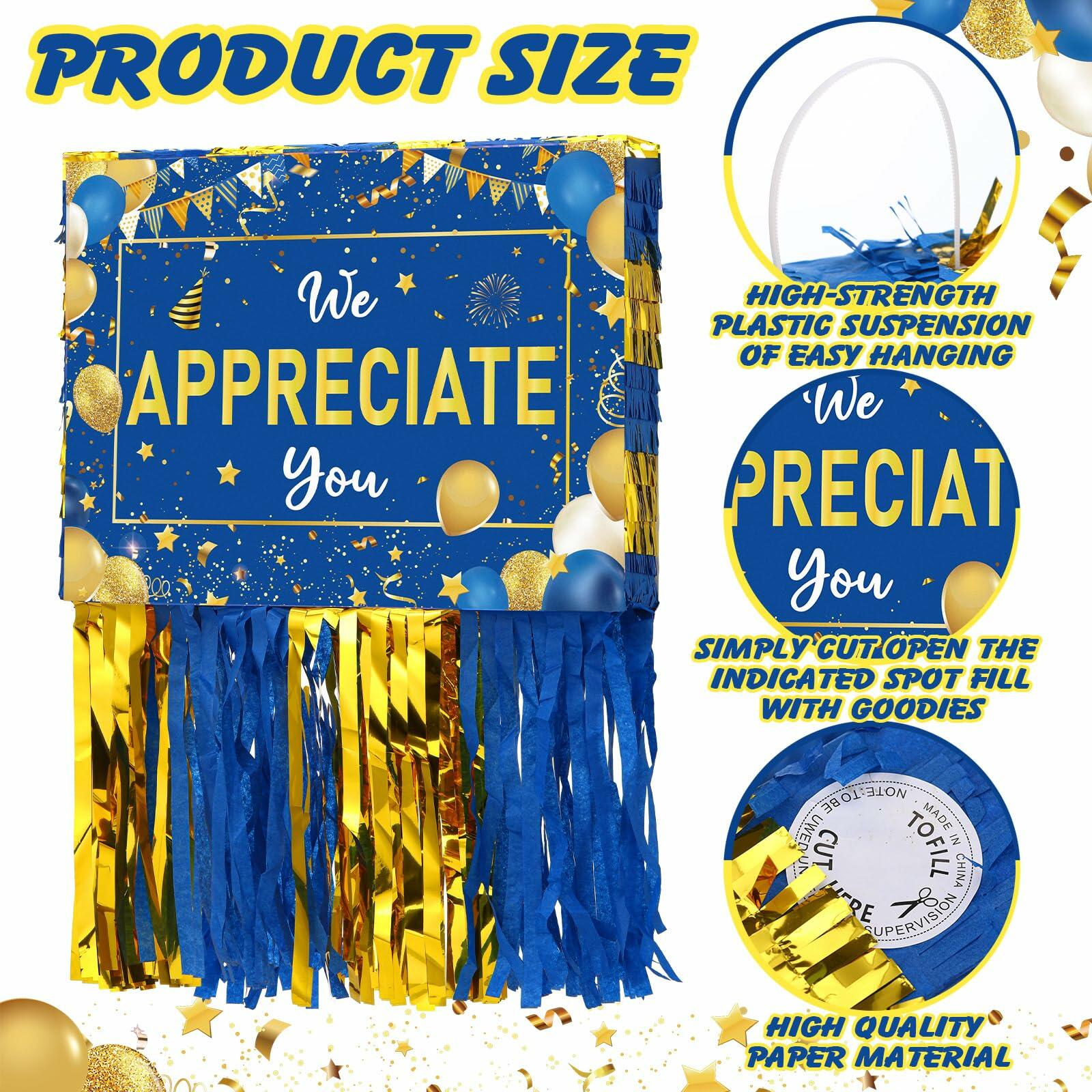 Poen We Appreciate You Piñata with Stick Blindfold Blue Gold Confetti 16x12
