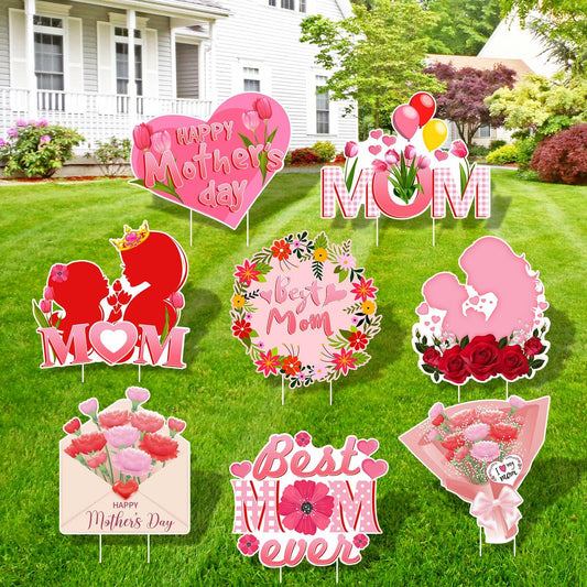 Arosche Mothers Day Yard Signs 8pcs with Stakes Outdoor Party Decorations