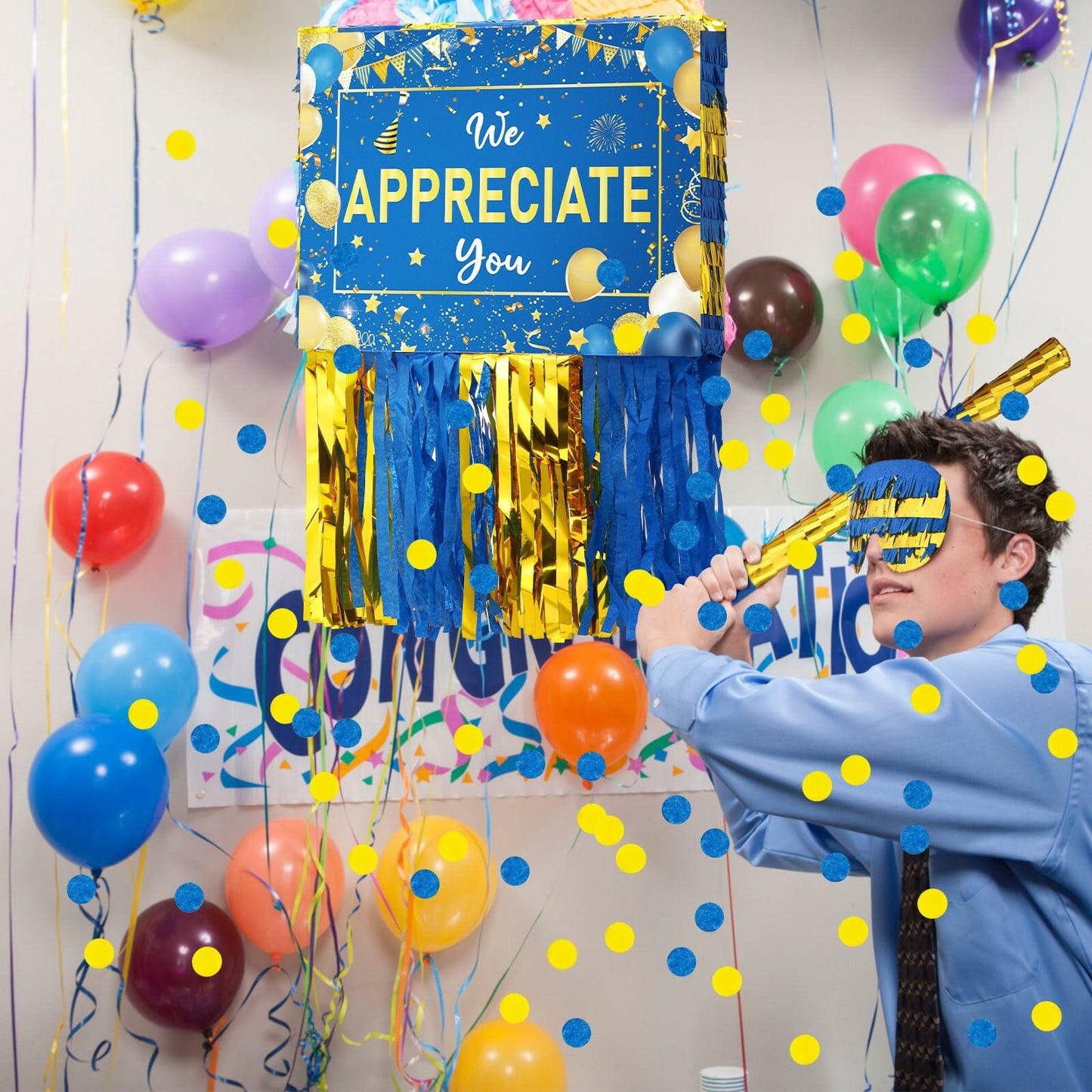 Poen We Appreciate You Piñata with Stick Blindfold Blue Gold Confetti 16x12