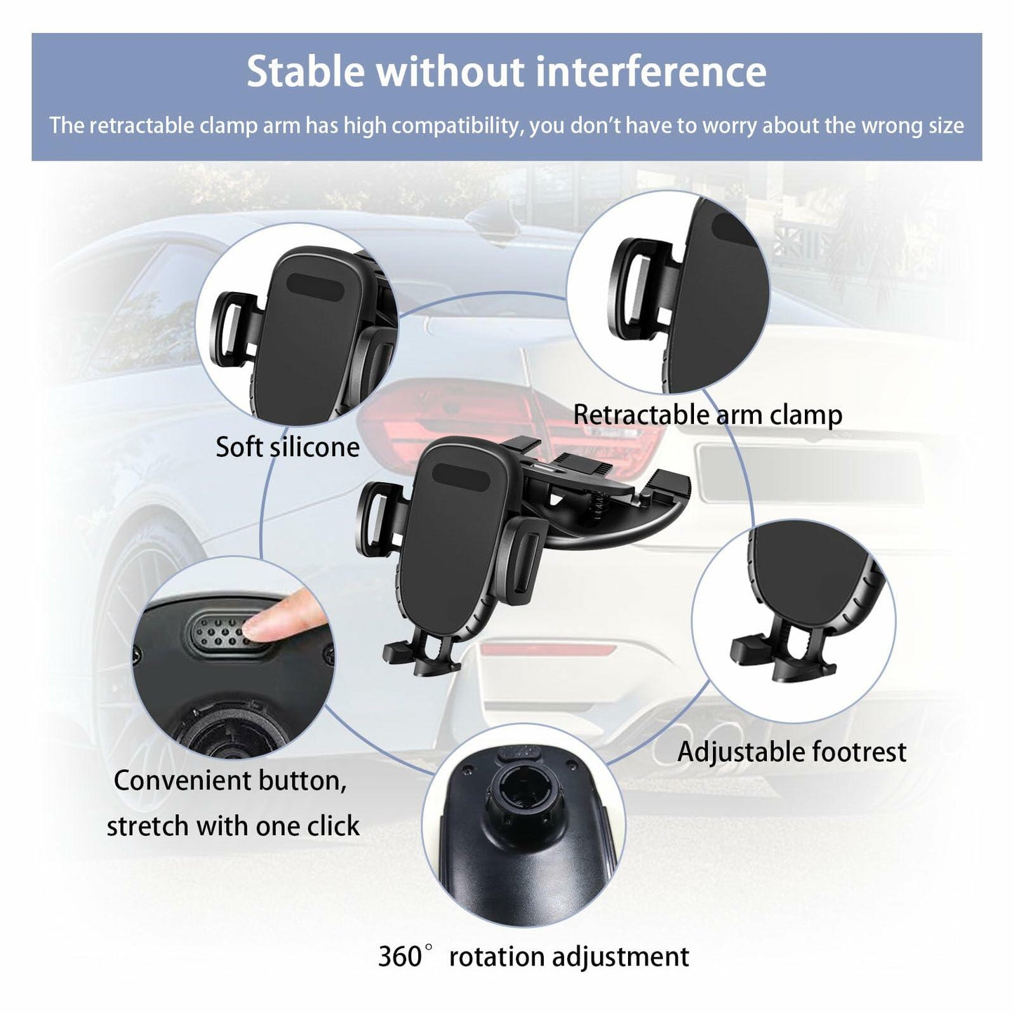 Augeny Car Phone Holder CD Slot 360° Rotatable Universal Black