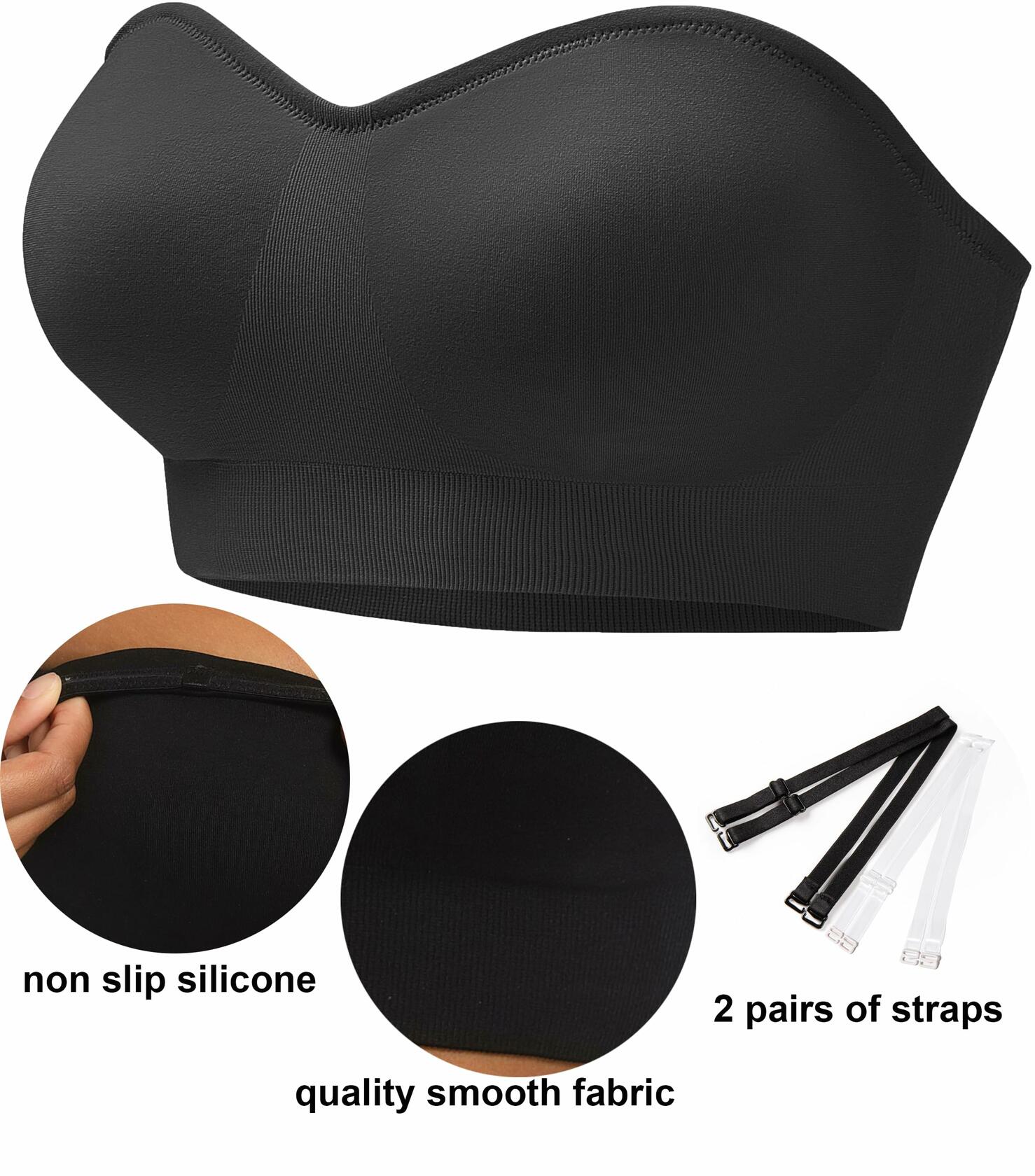 PRETTYWELL Strapless Padded Bandeau Bra Wireless Comfort Black Size L