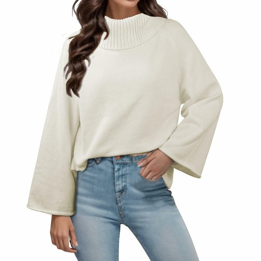 Angashion Women's Loose Turtleneck Knit Sweater White Size Small