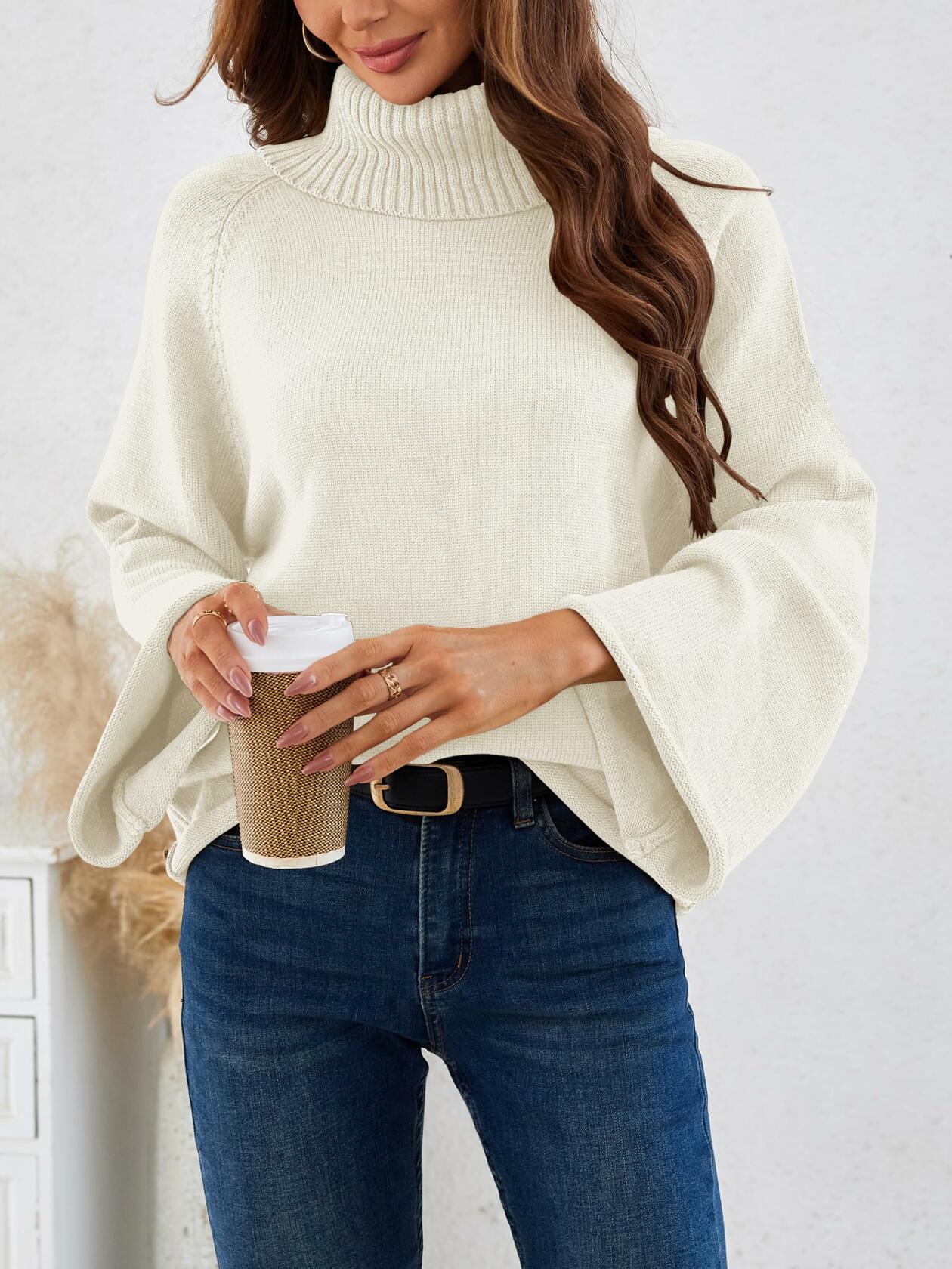 Angashion Women's Loose Turtleneck Knit Sweater White Size Small