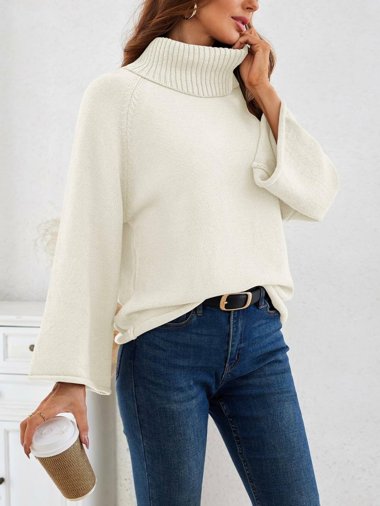 Angashion Women's Loose Turtleneck Knit Sweater White Size Small