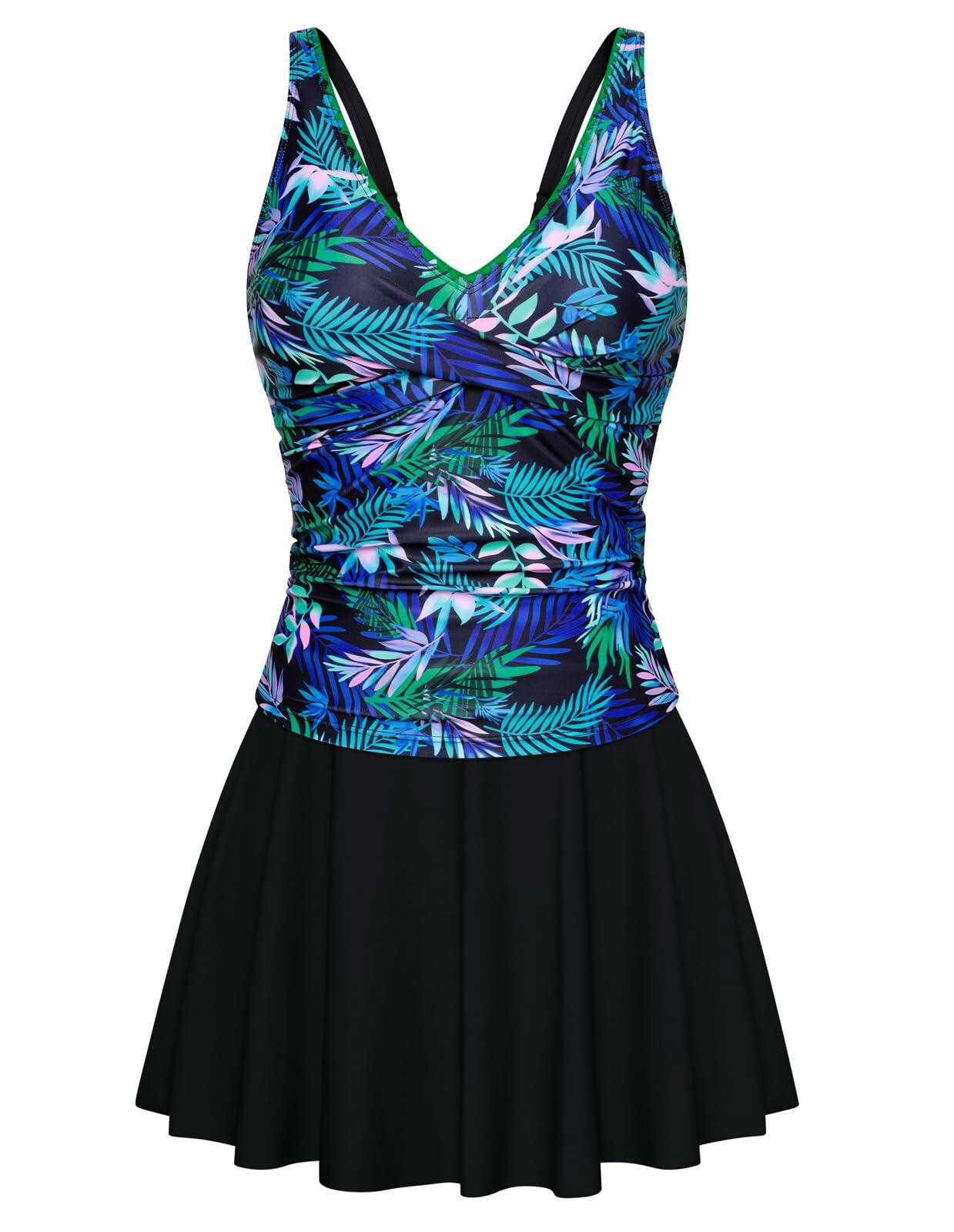 Kate Kasin Women's Tummy Control Tankini Swim Dress Blue Leaf Size S