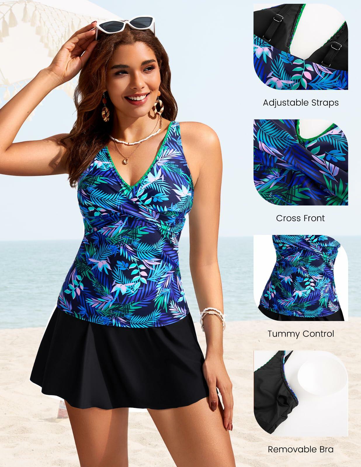 Kate Kasin Women's Tummy Control Tankini Swim Dress Blue Leaf Size S