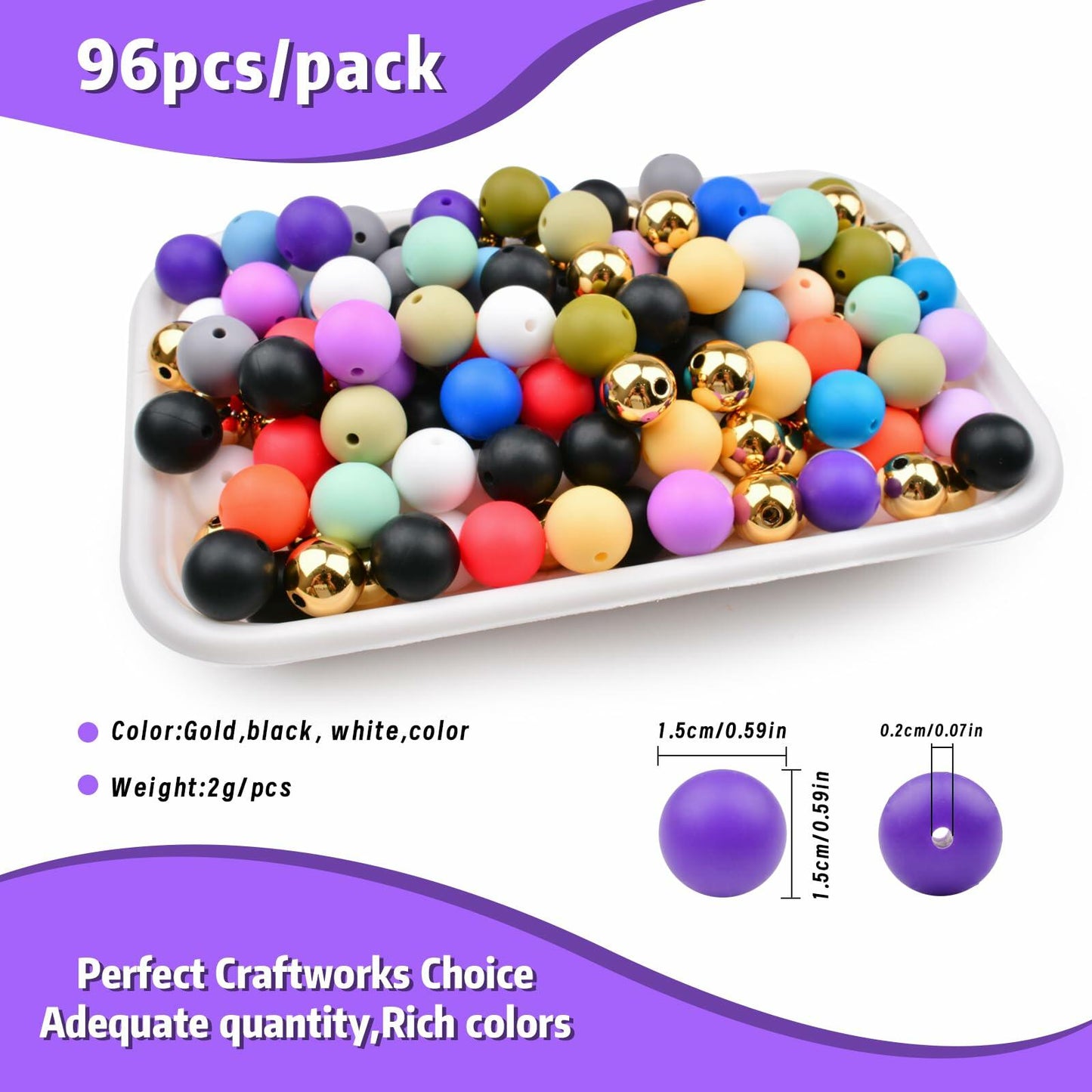 96PCS 15mm Silicone Beads Kit 19 Colors Round DIY Crafts Bracelet Necklace