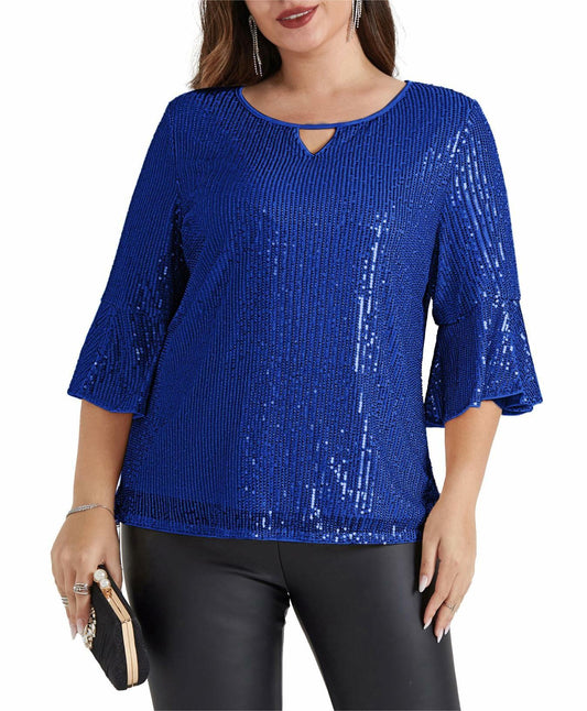 Hanna Nikole Sequin Ruffle Long Sleeve Wrap Blouse Blue Size 18Plus