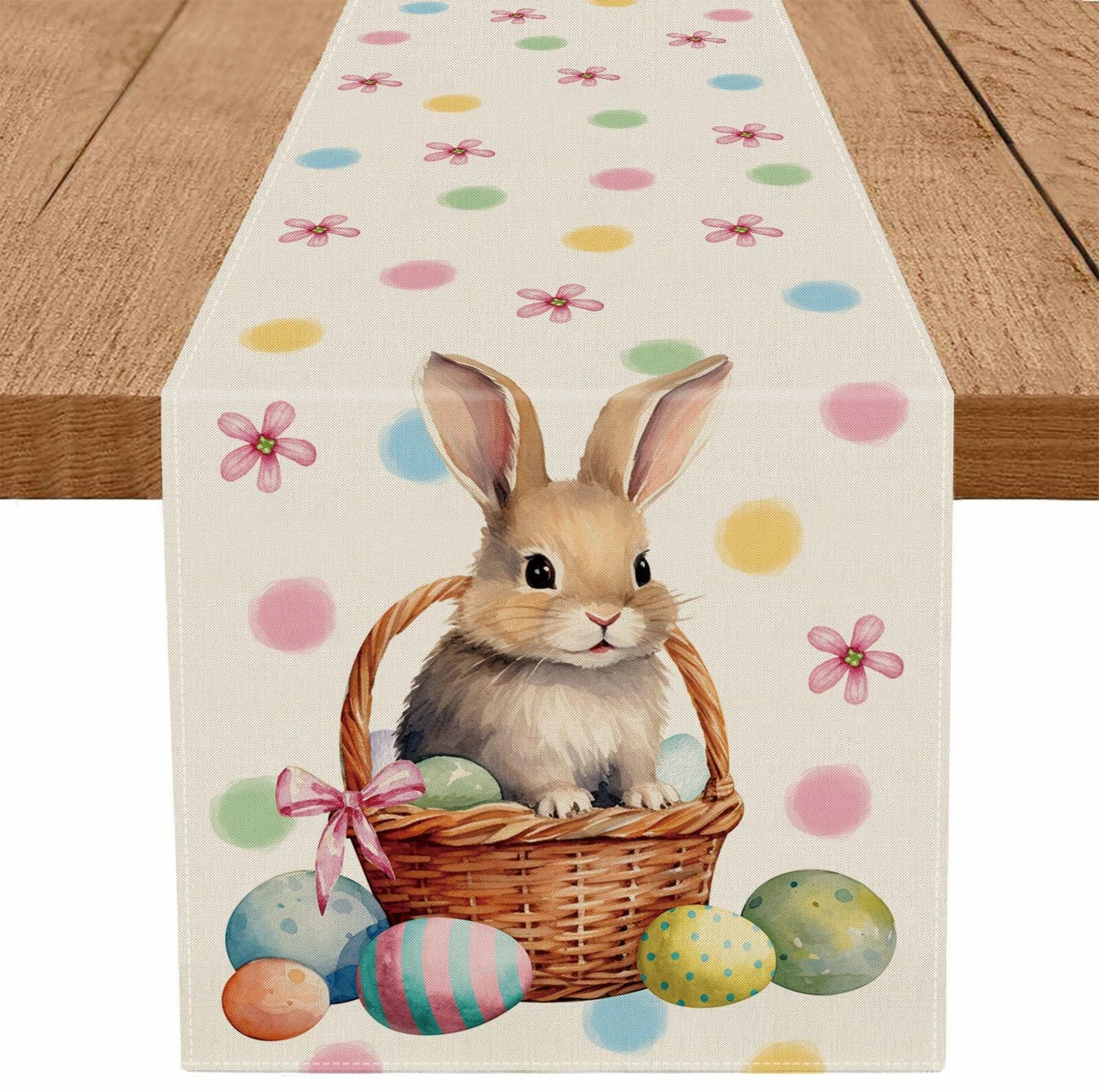 QIONG MENG Easter Table Runner Bunny Eggs Basket Flowers 13x72 Inch