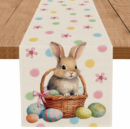 QIONG MENG Easter Table Runner Bunny Eggs Basket Flowers 13x72 Inch