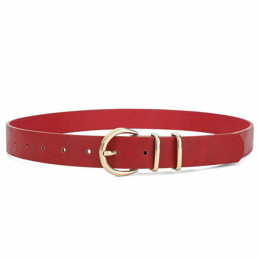 Earnda Women's Faux Leather Waist Belt Red Gold Buckle Large Size L
