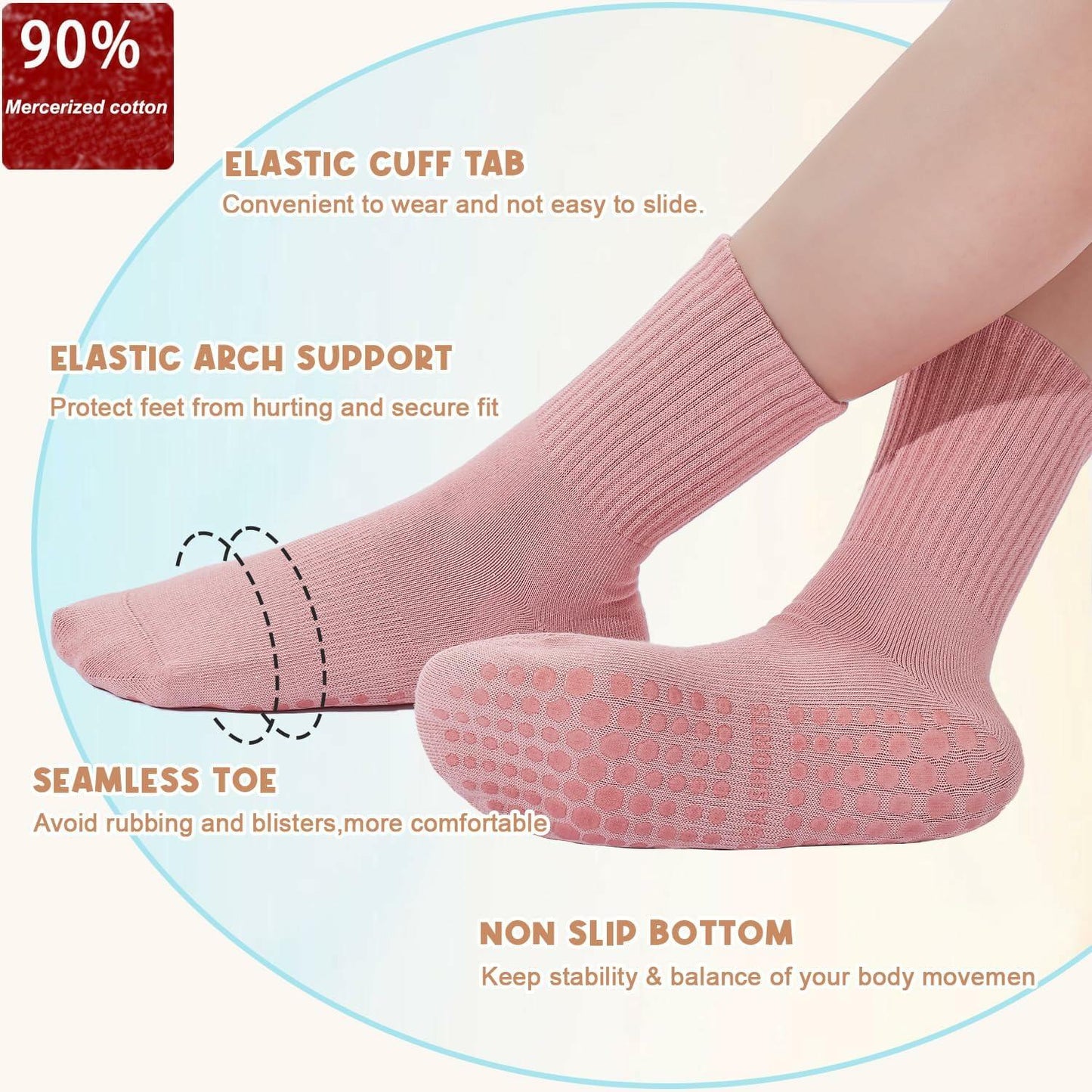 Pilates Socks with Grips Women Non Slip Cotton Yoga Ballet Crew 3 Pairs US 5-9