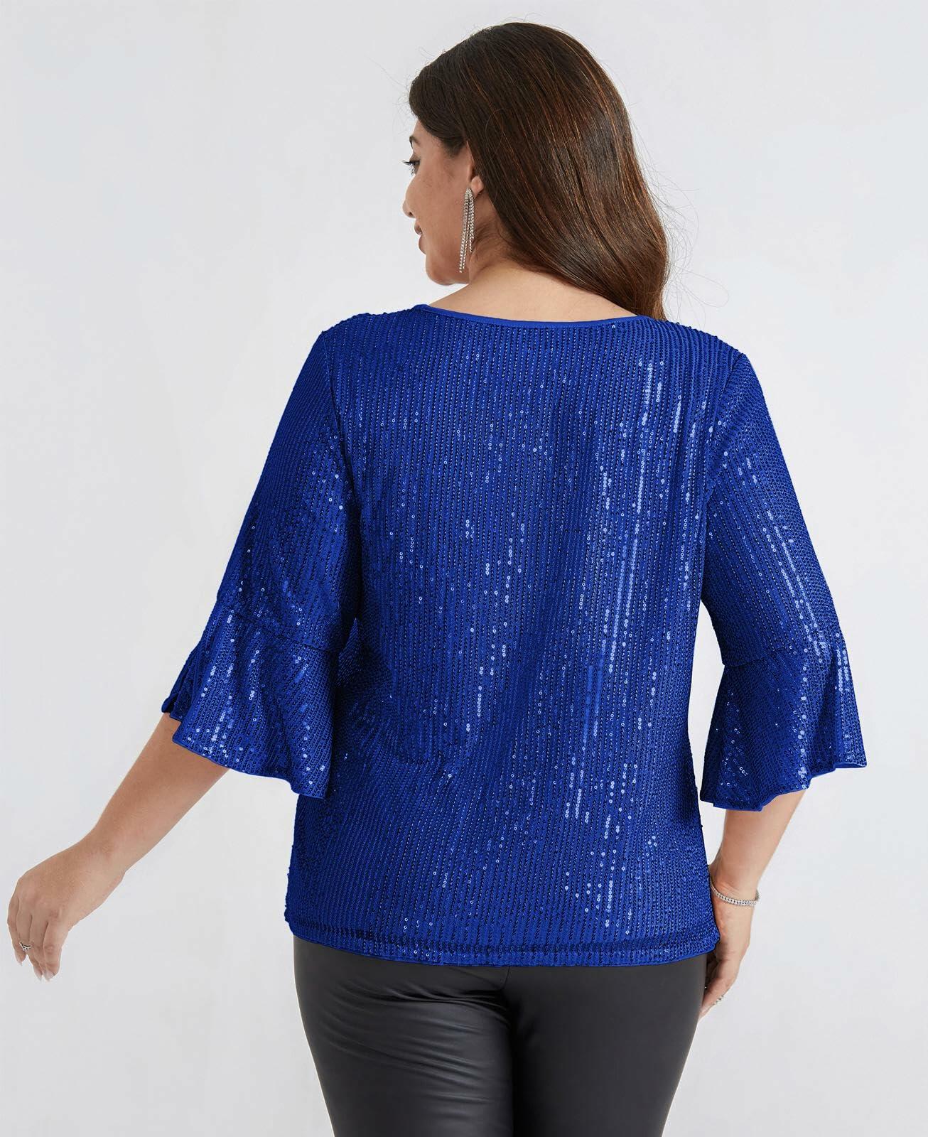 Hanna Nikole Sequin Ruffle Long Sleeve Wrap Blouse Blue Size 18Plus