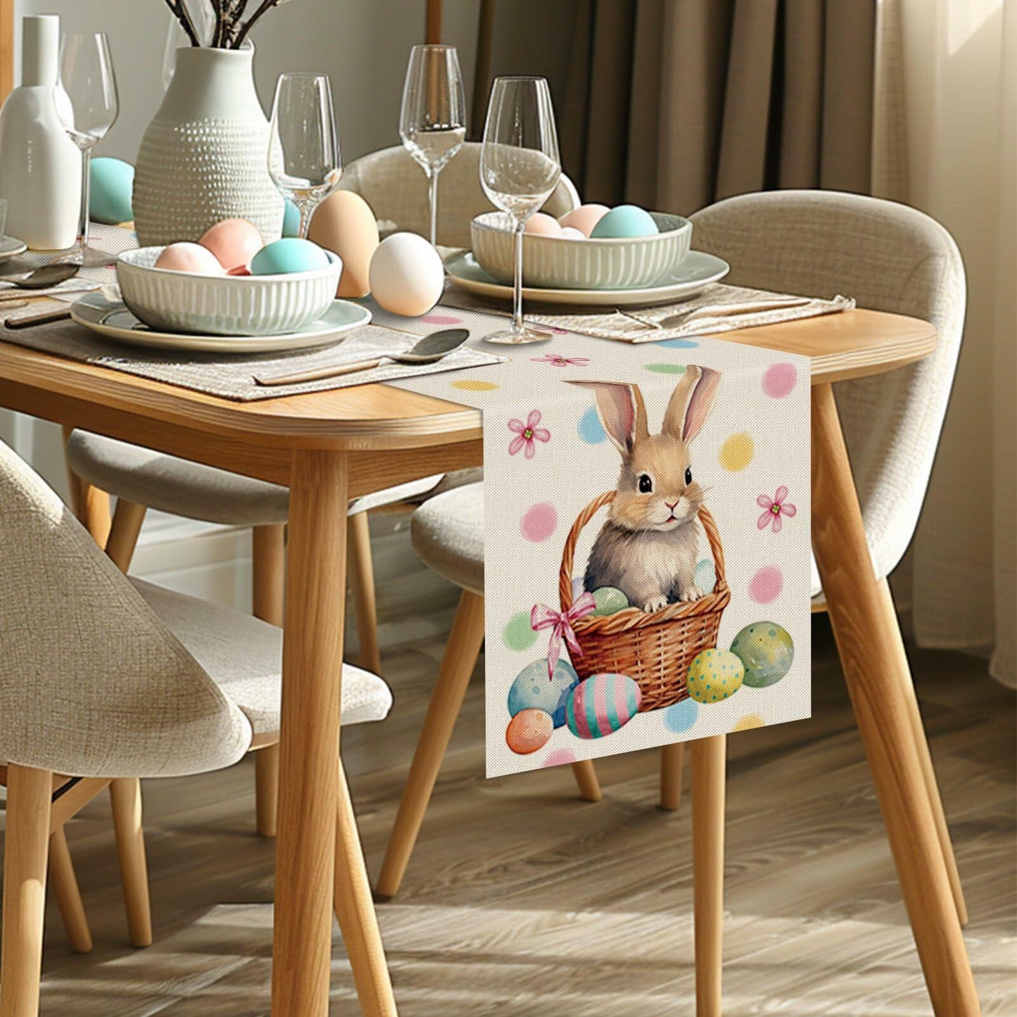 QIONG MENG Easter Table Runner Bunny Eggs Basket Flowers 13x72 Inch