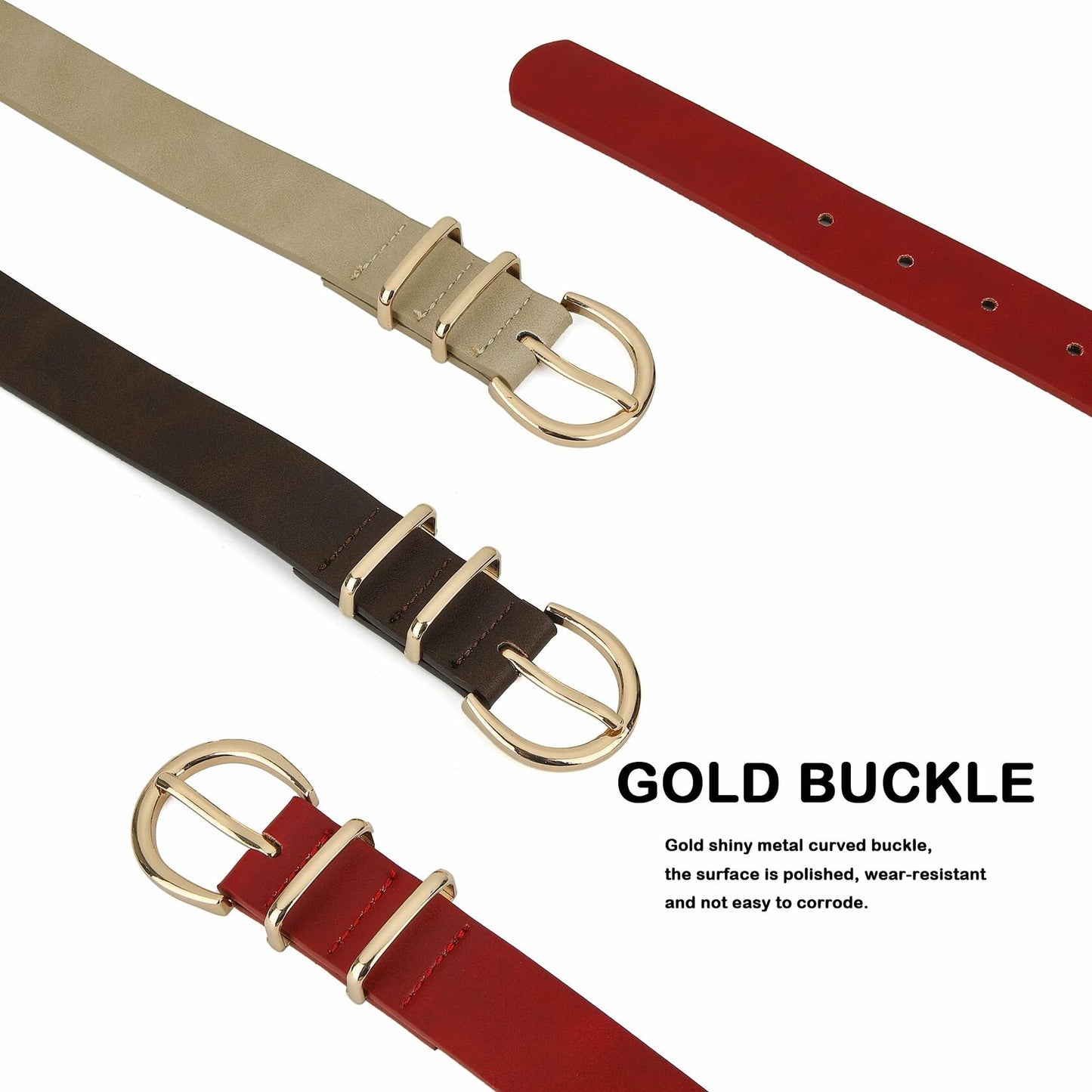 Earnda Women's Faux Leather Waist Belt Red Gold Buckle Large Size L
